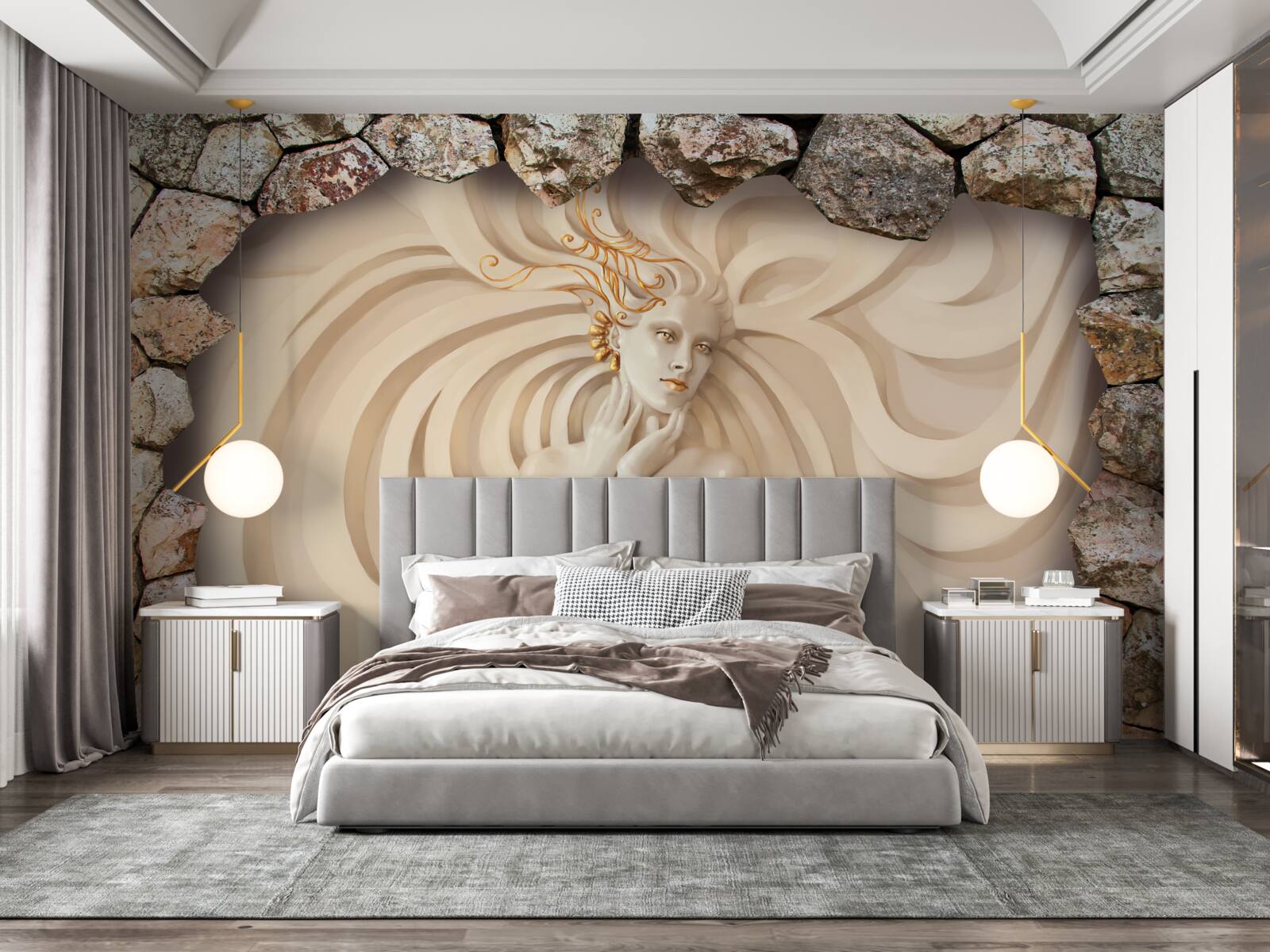 Fotobehang afbeelding van een meisje met lang haar en goud in een steen