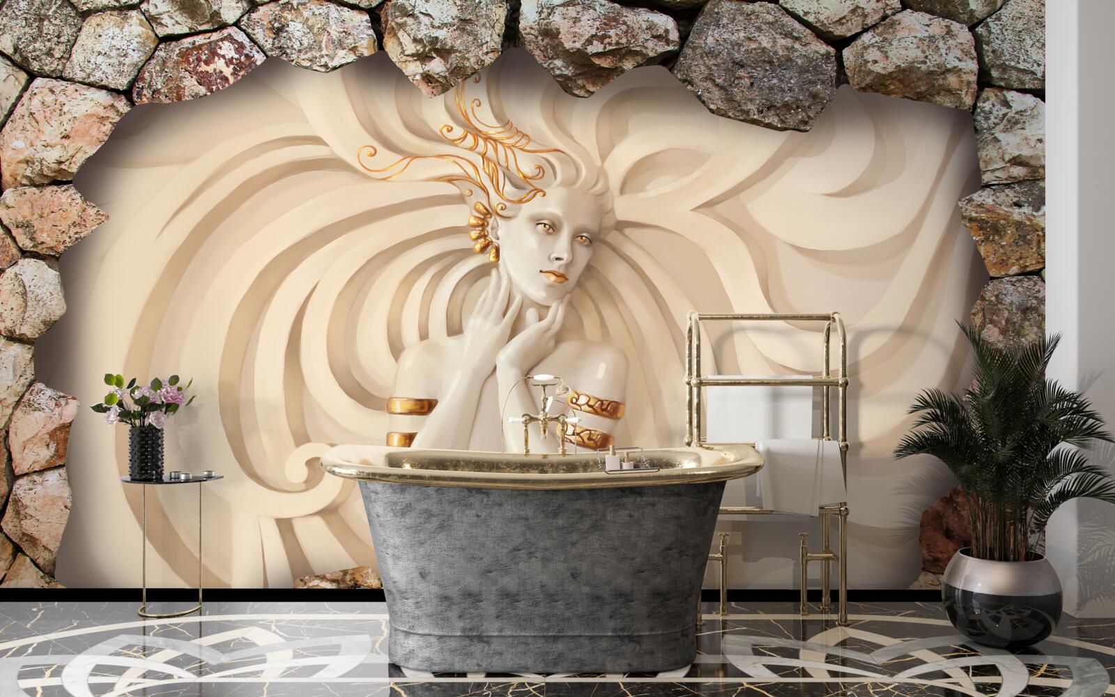 Fotobehang afbeelding van een meisje met lang haar en goud in een steen