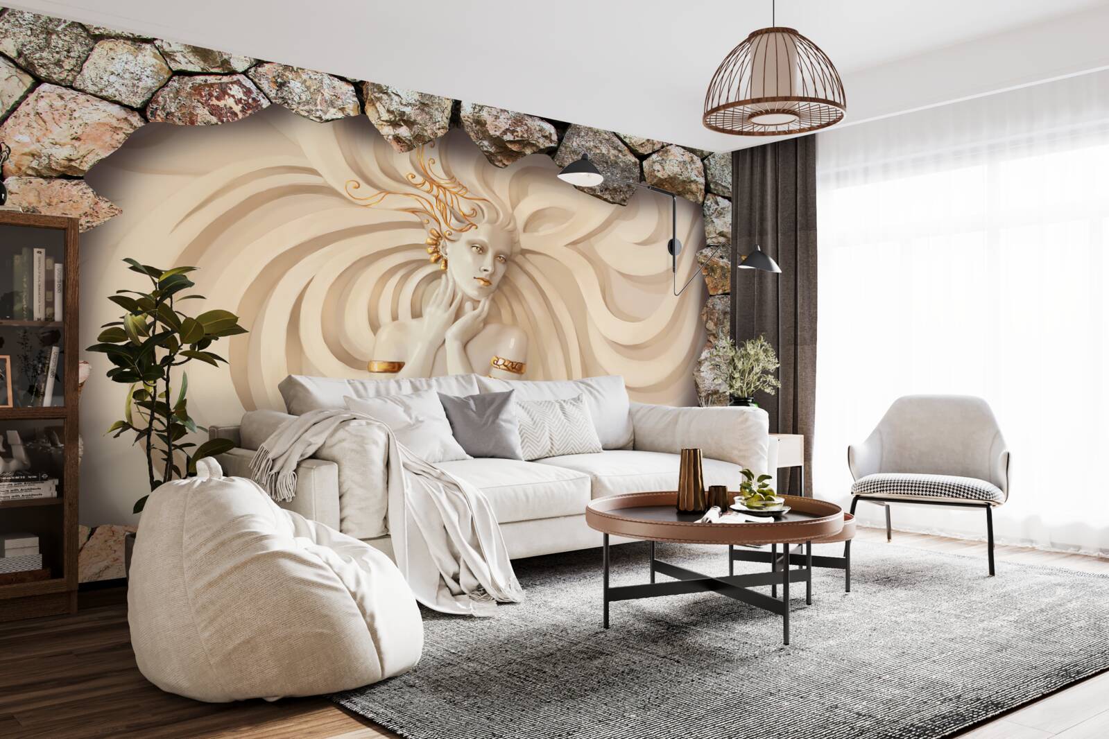 Fotobehang afbeelding van een meisje met lang haar en goud in een steen