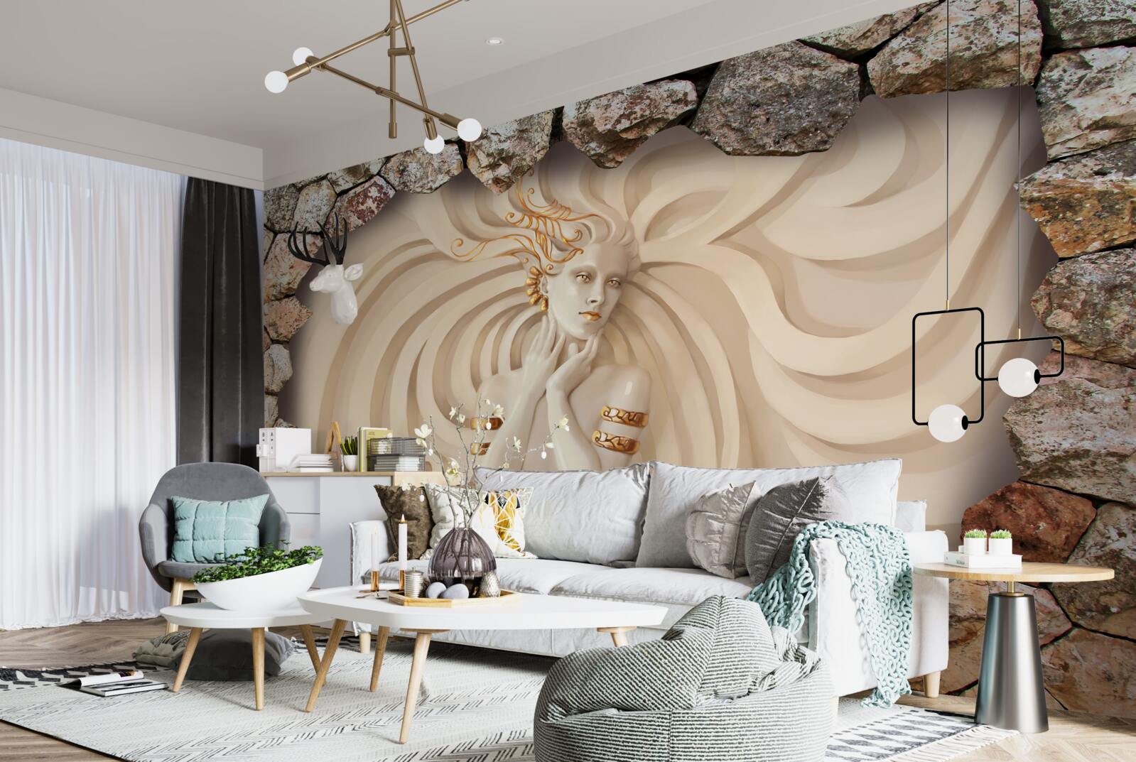 Fotobehang afbeelding van een meisje met lang haar en goud in een steen