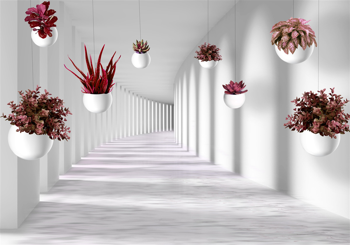 Fotobehang bloempotten zwevend in de lucht en wit geschilderd