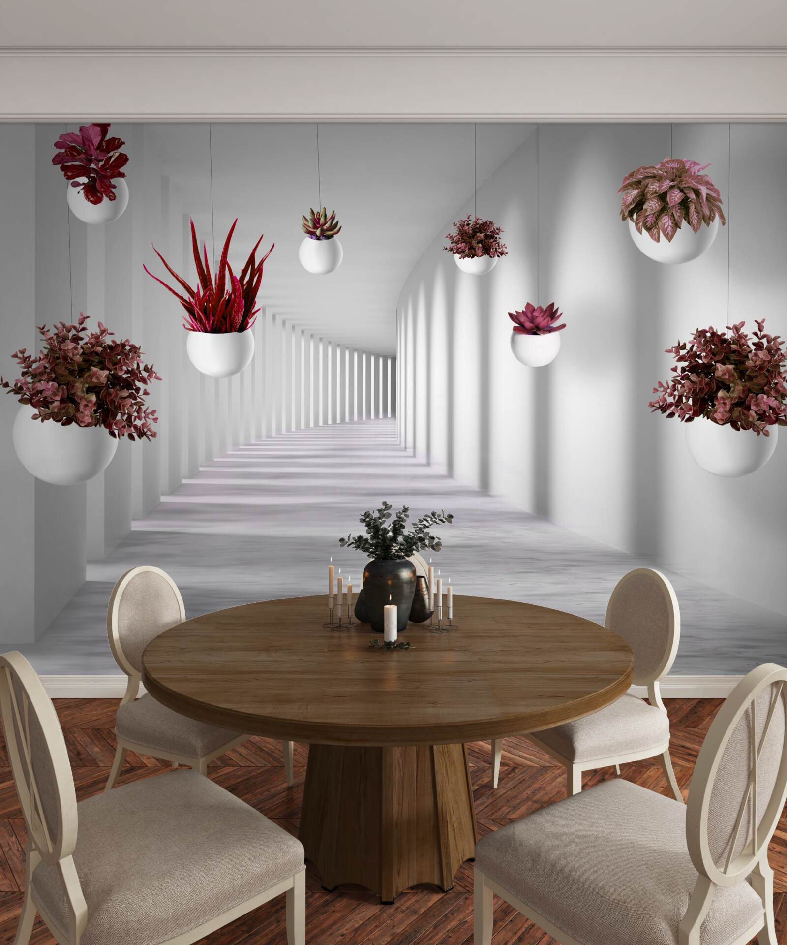 Fotobehang bloempotten zwevend in de lucht en wit geschilderd