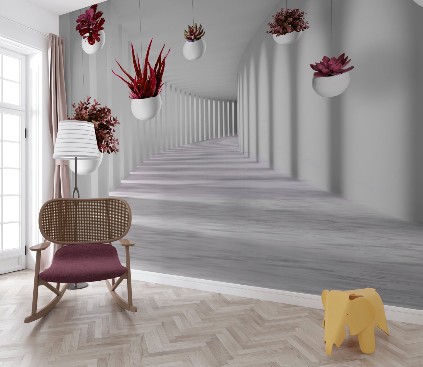 Fotobehang bloempotten zwevend in de lucht en wit geschilderd