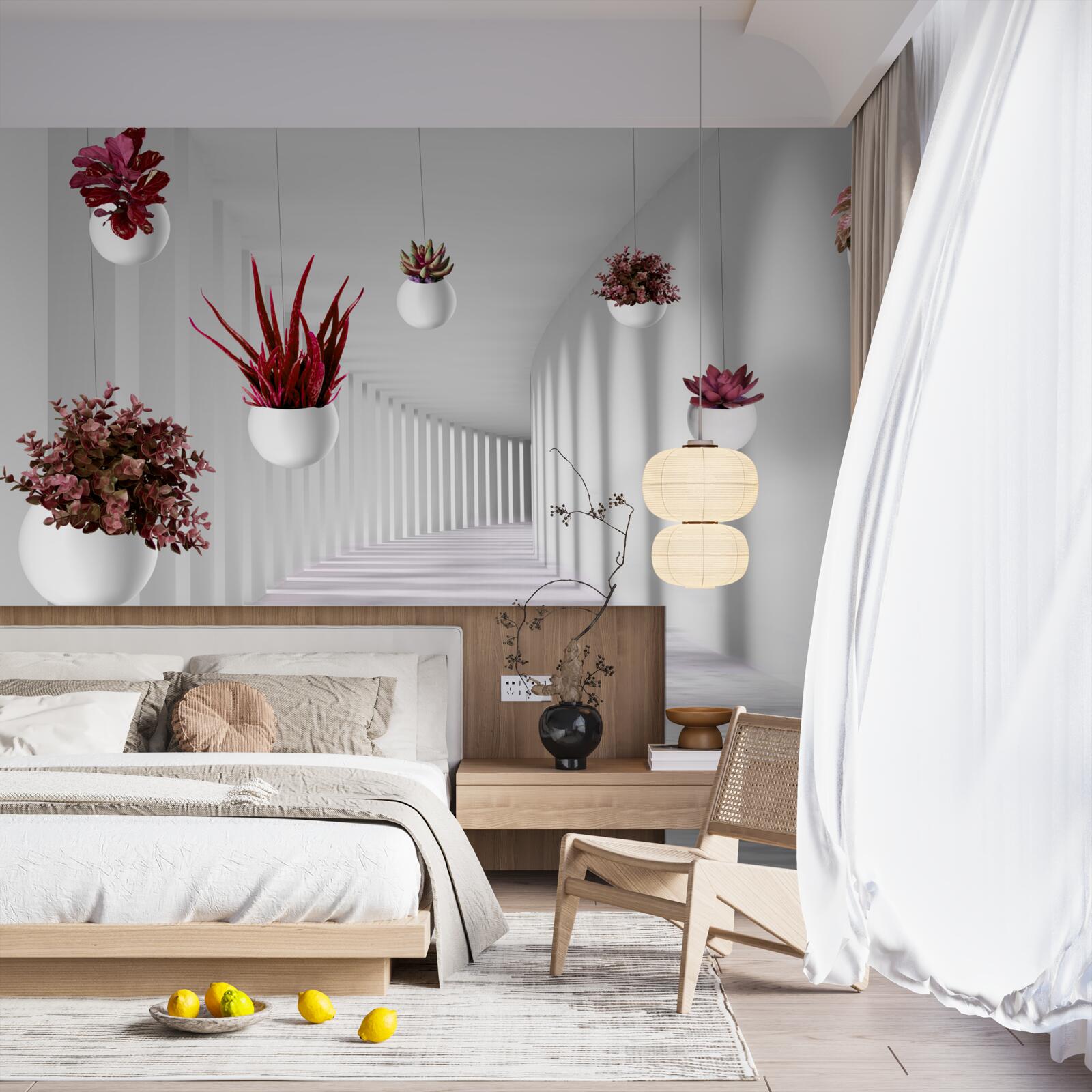 Fotobehang bloempotten zwevend in de lucht en wit geschilderd