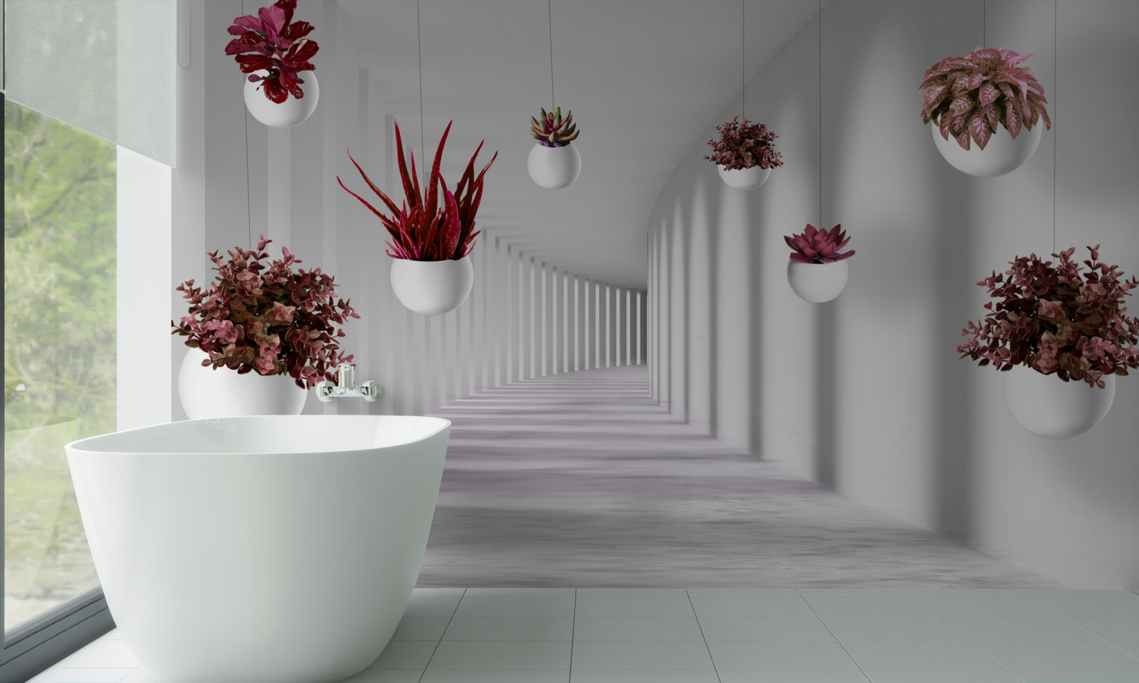 Fotobehang bloempotten zwevend in de lucht en wit geschilderd