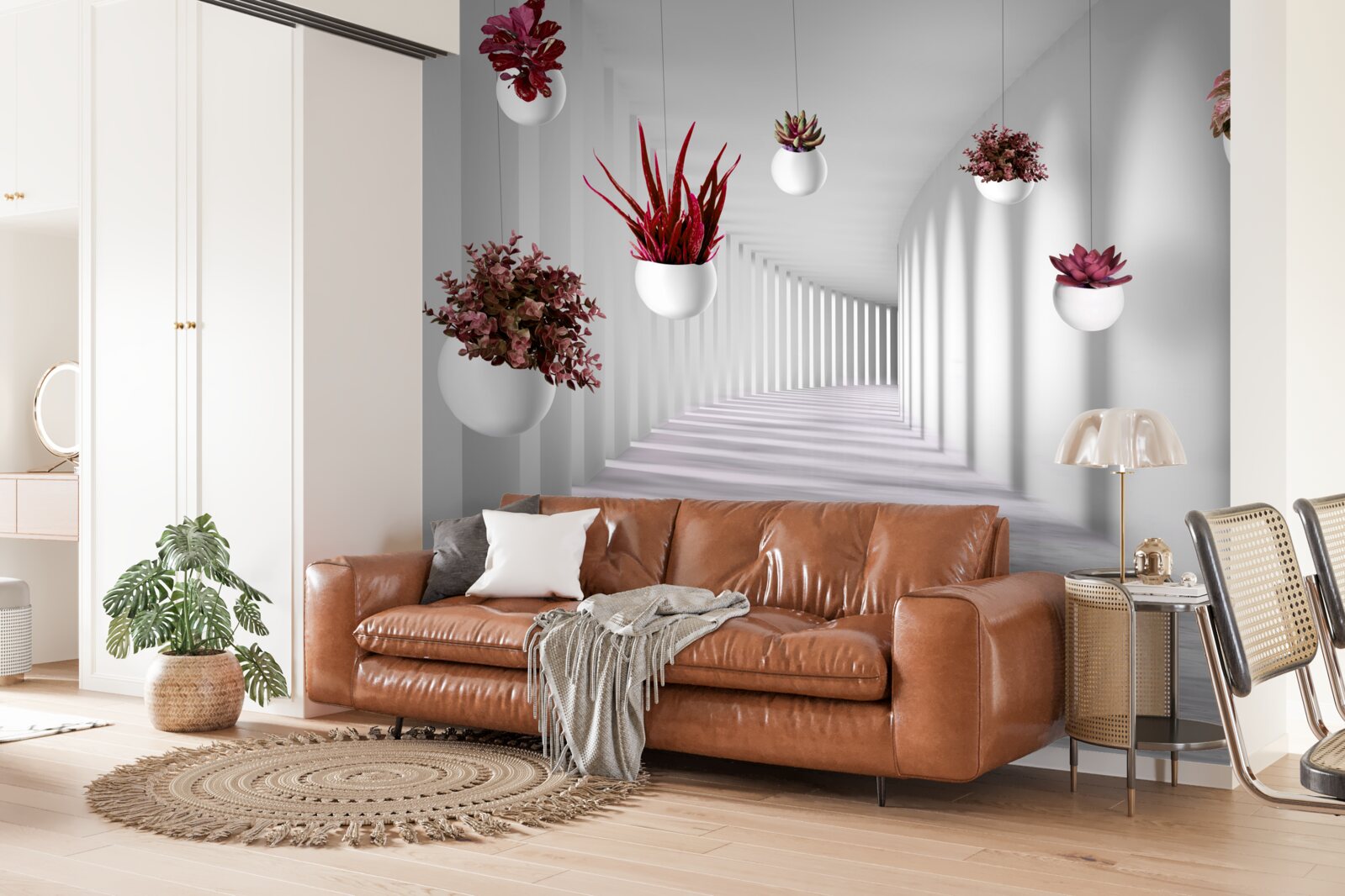 Fotobehang bloempotten zwevend in de lucht en wit geschilderd