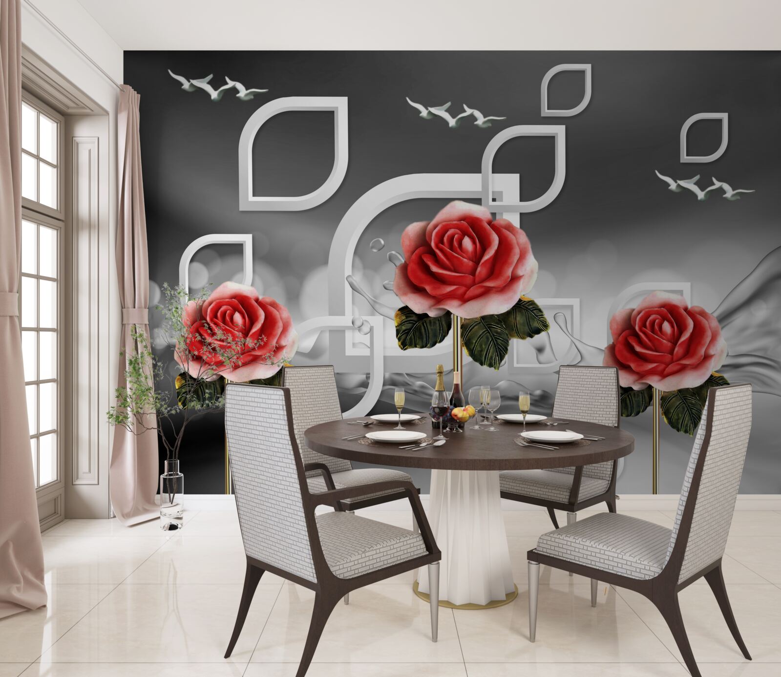 Fotobehang sierlijke scharlakenrode rozen glinsteren op een abstracte achtergrond