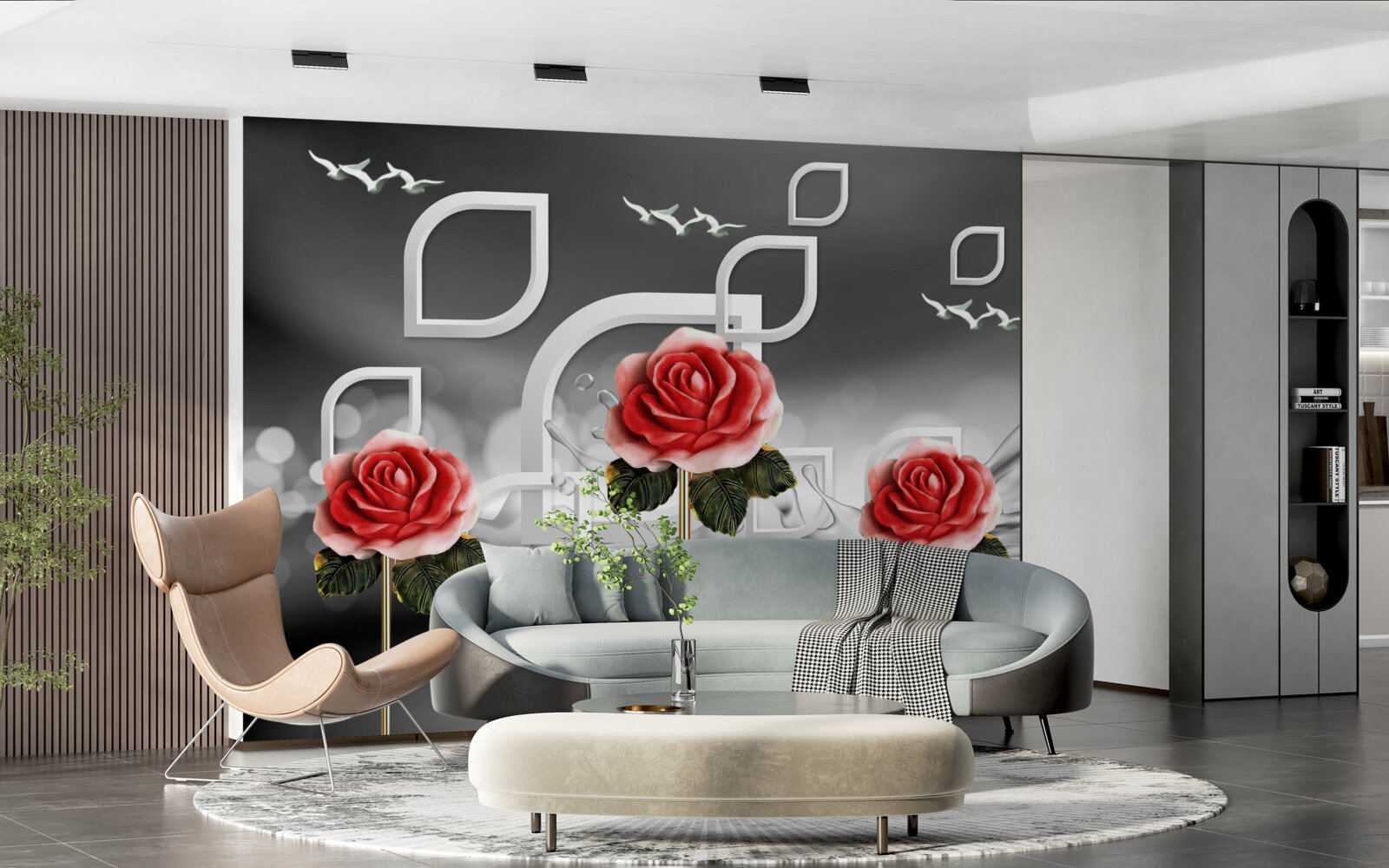 Fotobehang sierlijke scharlakenrode rozen glinsteren op een abstracte achtergrond