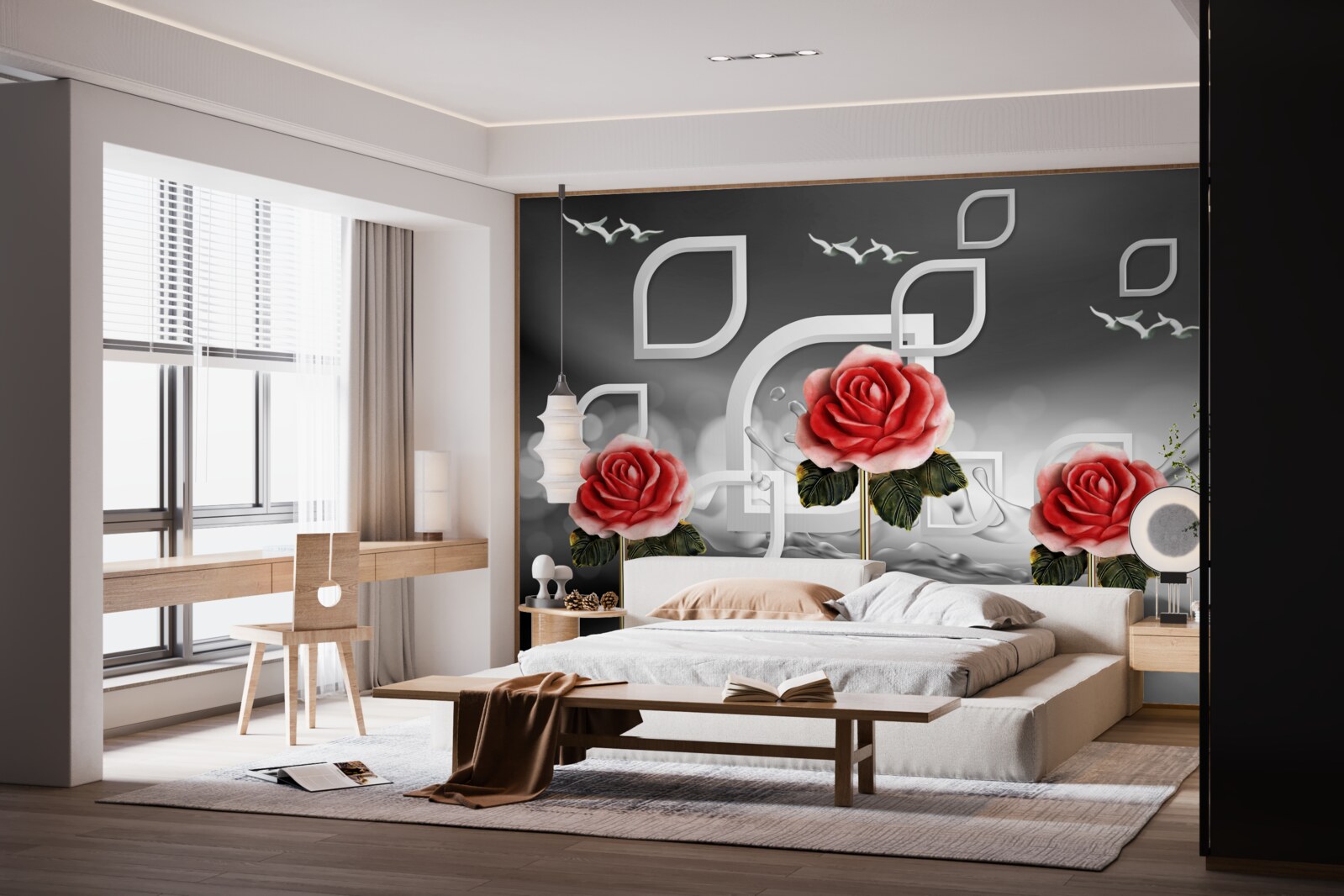 Fotobehang sierlijke scharlakenrode rozen glinsteren op een abstracte achtergrond