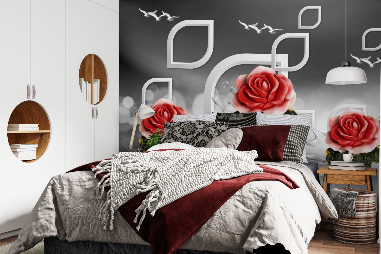 Fotobehang sierlijke scharlakenrode rozen glinsteren op een abstracte achtergrond