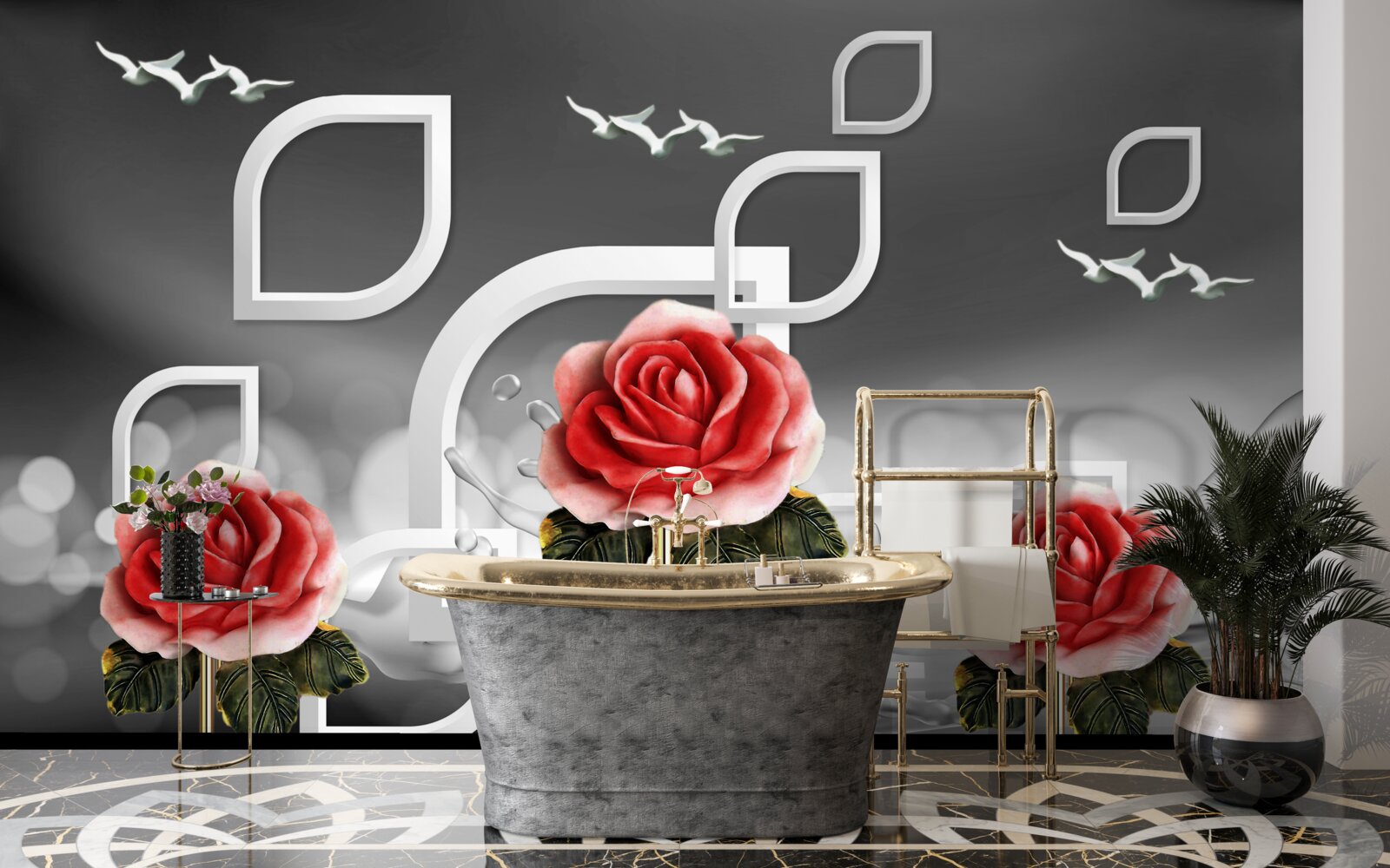 Fotobehang sierlijke scharlakenrode rozen glinsteren op een abstracte achtergrond