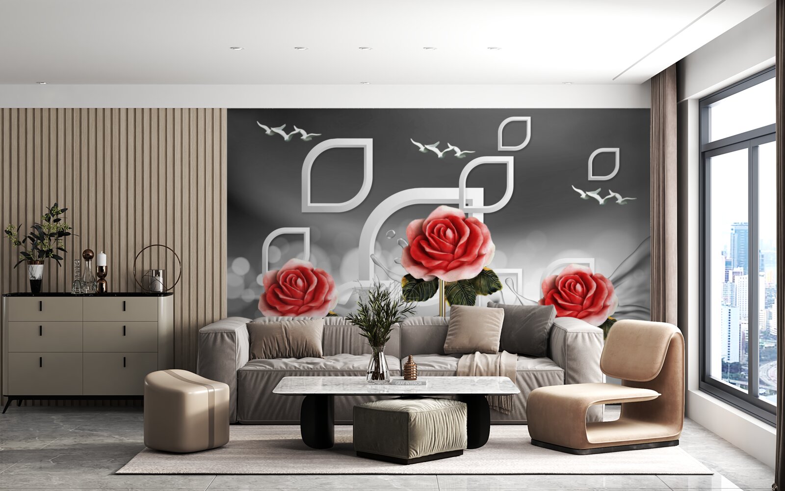 Fotobehang sierlijke scharlakenrode rozen glinsteren op een abstracte achtergrond