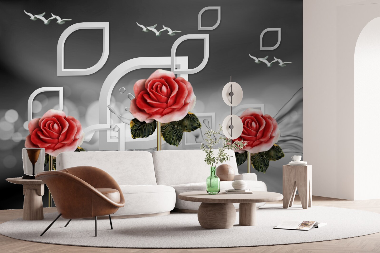 Fotobehang sierlijke scharlakenrode rozen glinsteren op een abstracte achtergrond