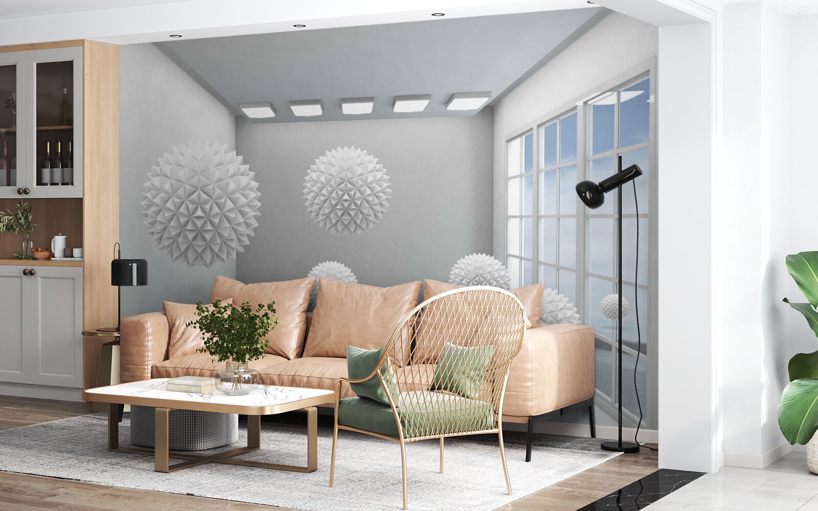 Fotobehang scherpe witte ballen in een heldere kamer