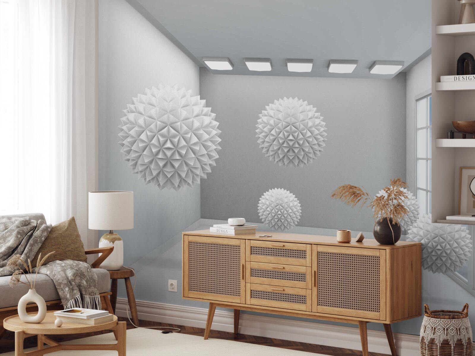 Fotobehang scherpe witte ballen in een heldere kamer