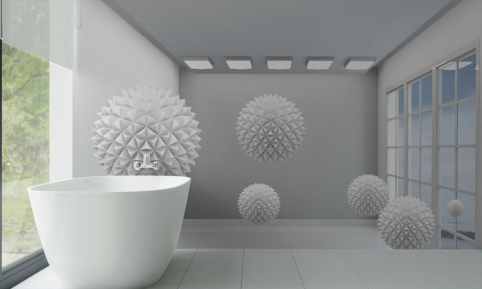 Fotobehang scherpe witte ballen in een heldere kamer