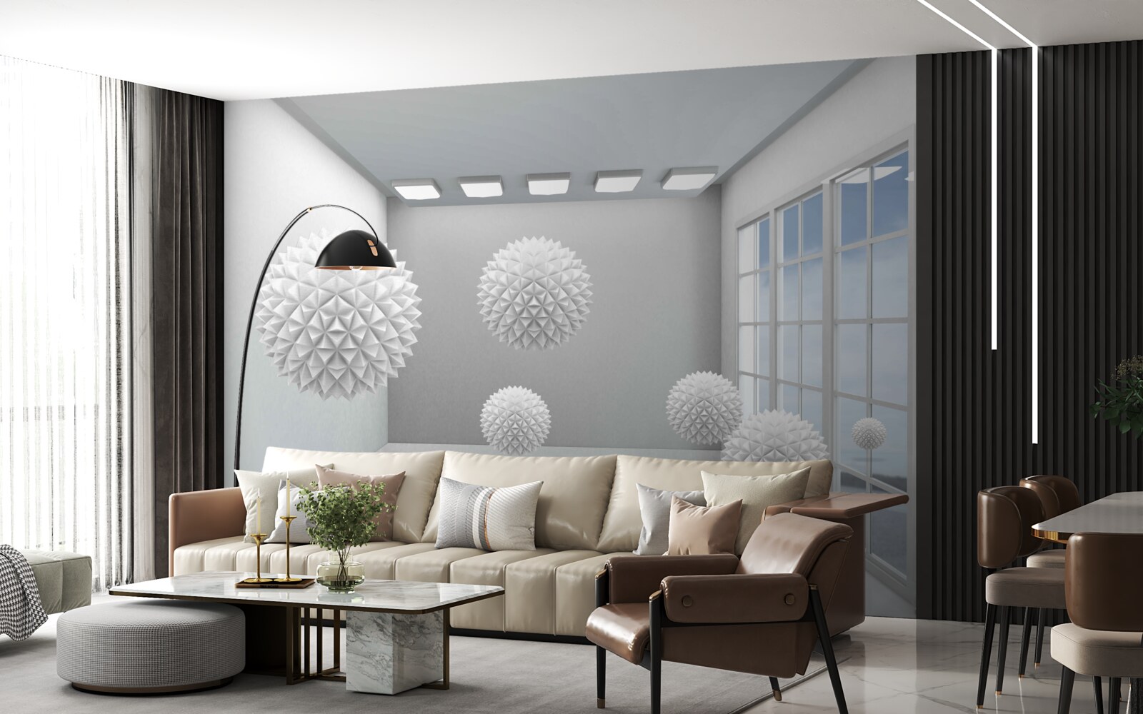 Fotobehang scherpe witte ballen in een heldere kamer