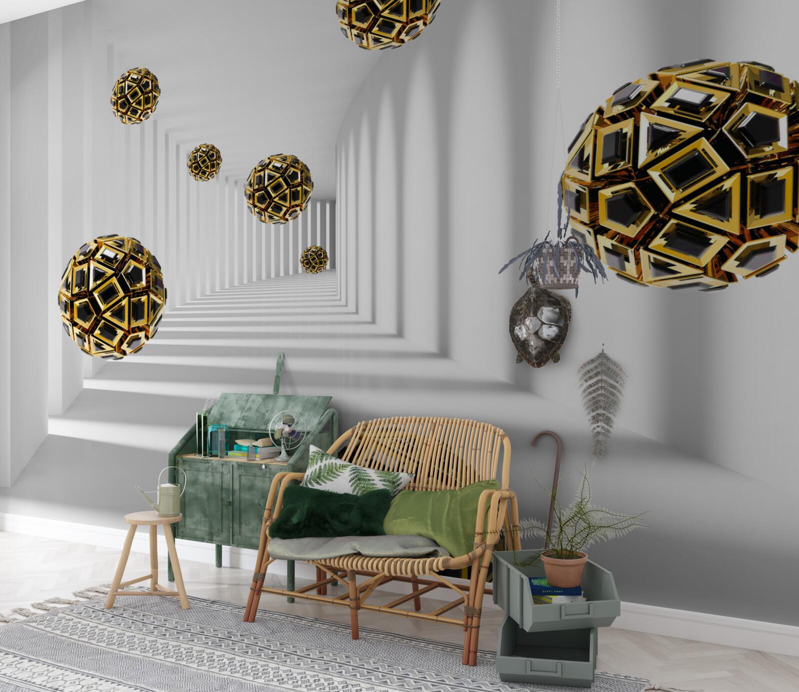 Fotobehang bollen in zwart en goud, die soepel opstijgen in de lucht