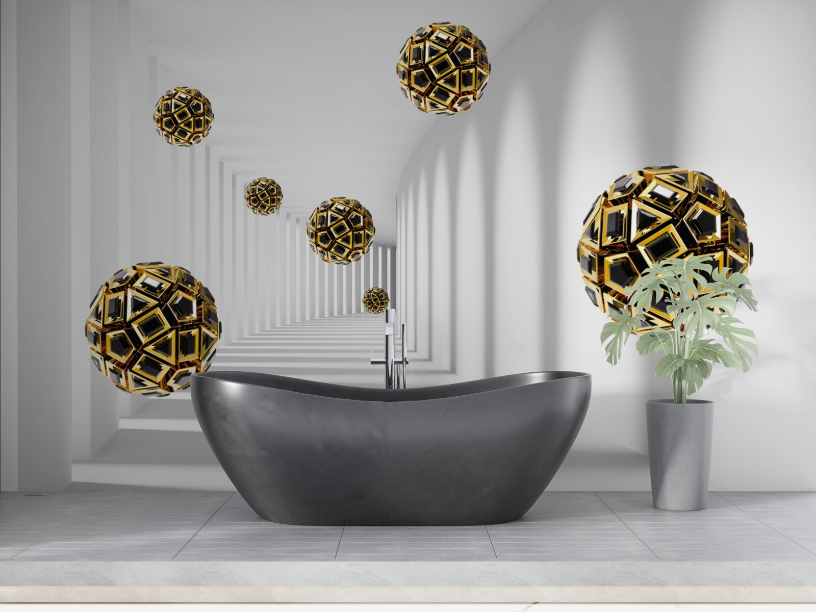 Fotobehang bollen in zwart en goud, die soepel opstijgen in de lucht