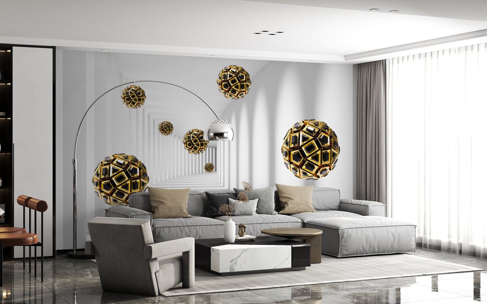 Fotobehang bollen in zwart en goud, die soepel opstijgen in de lucht