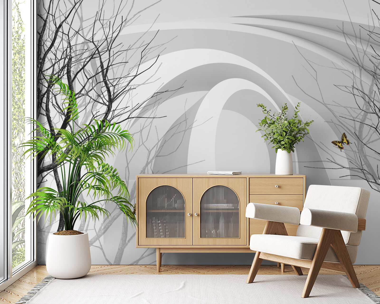 Fotobehang futuristische bogen en zichtbare bomen