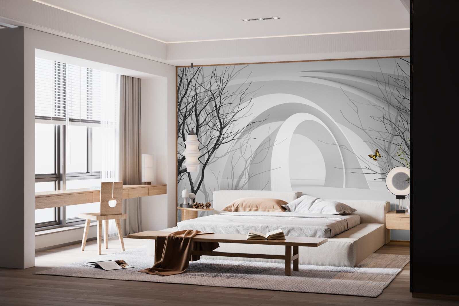 Fotobehang futuristische bogen en zichtbare bomen