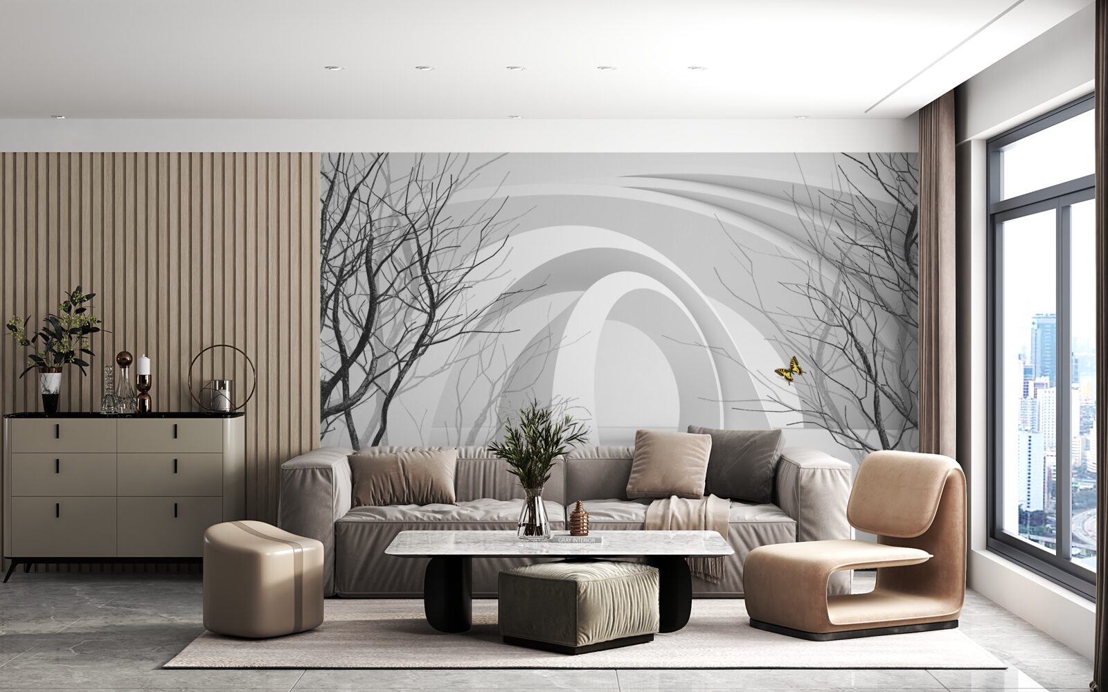 Fotobehang futuristische bogen en zichtbare bomen