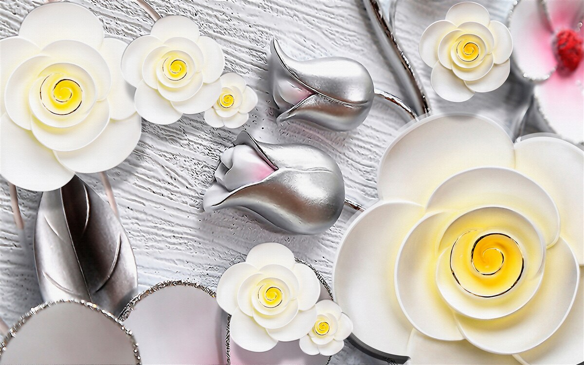 Fotobehang witte porseleinen bloemen met geel hart