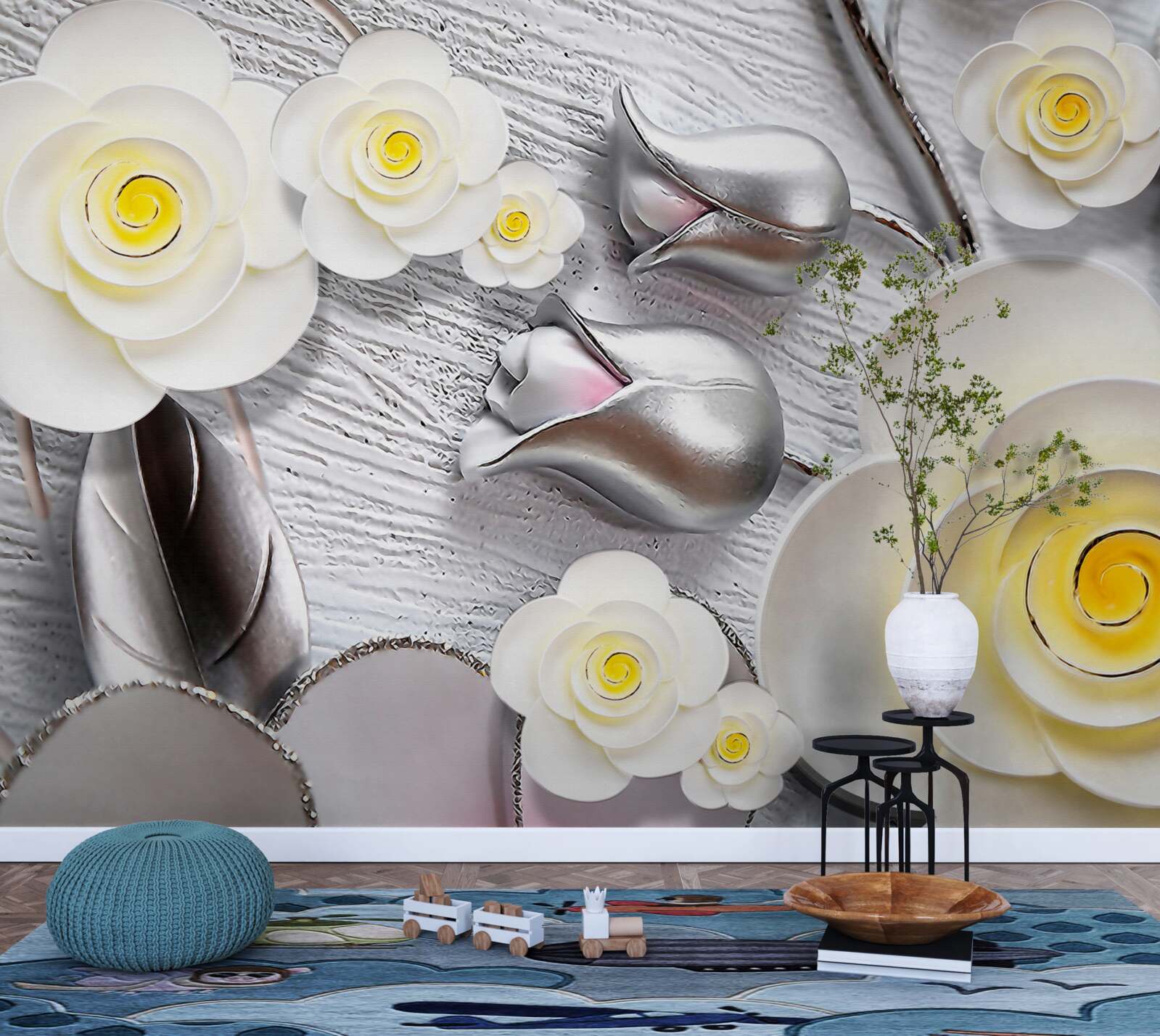 Fotobehang witte porseleinen bloemen met geel hart