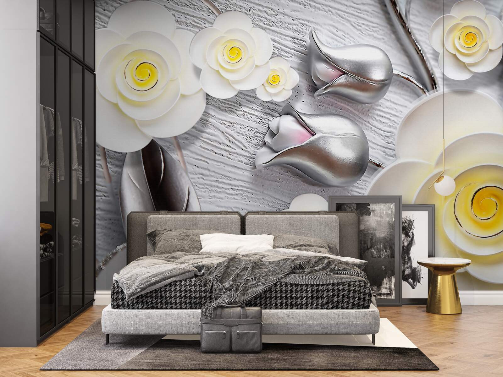 Fotobehang witte porseleinen bloemen met geel hart