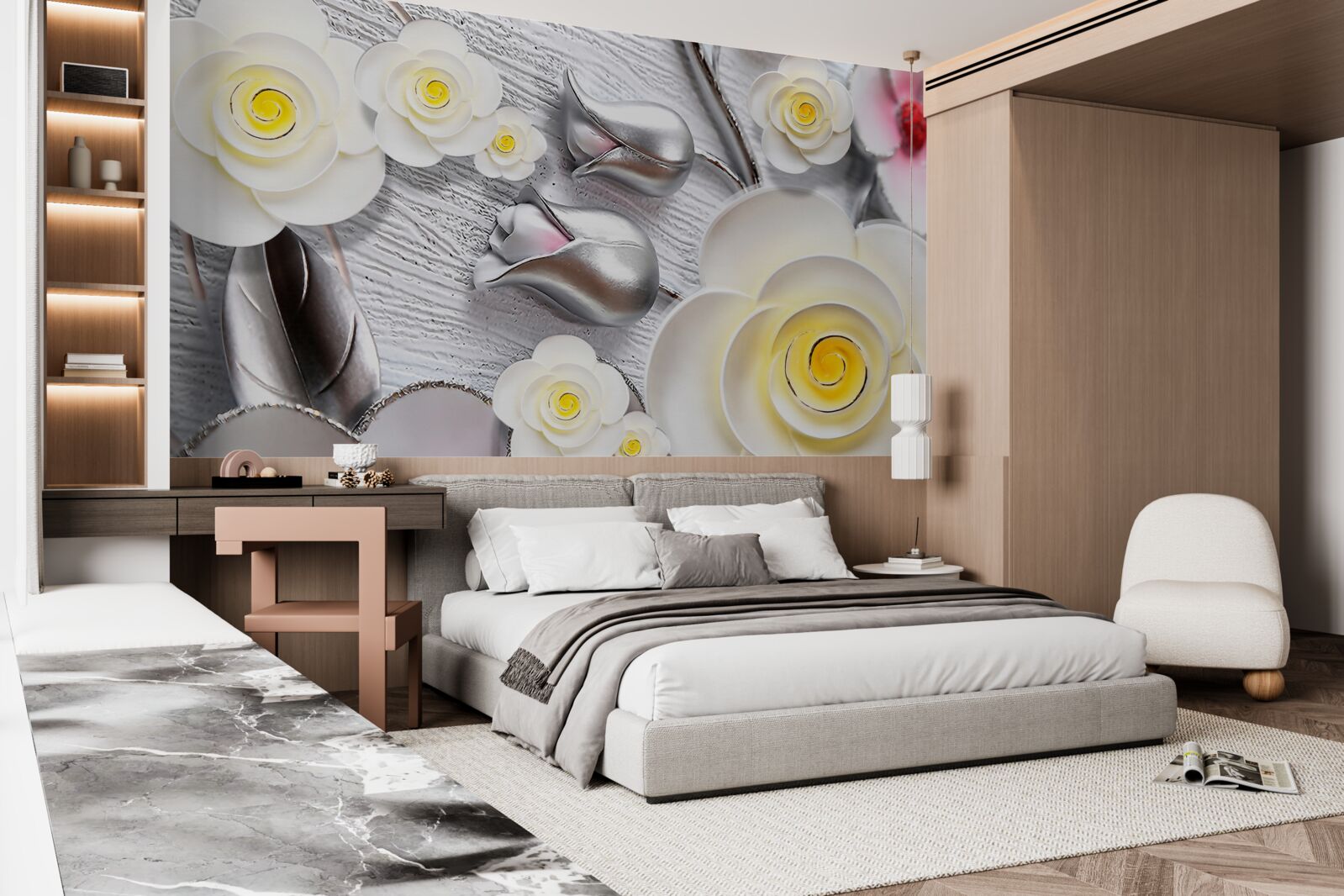 Fotobehang witte porseleinen bloemen met geel hart