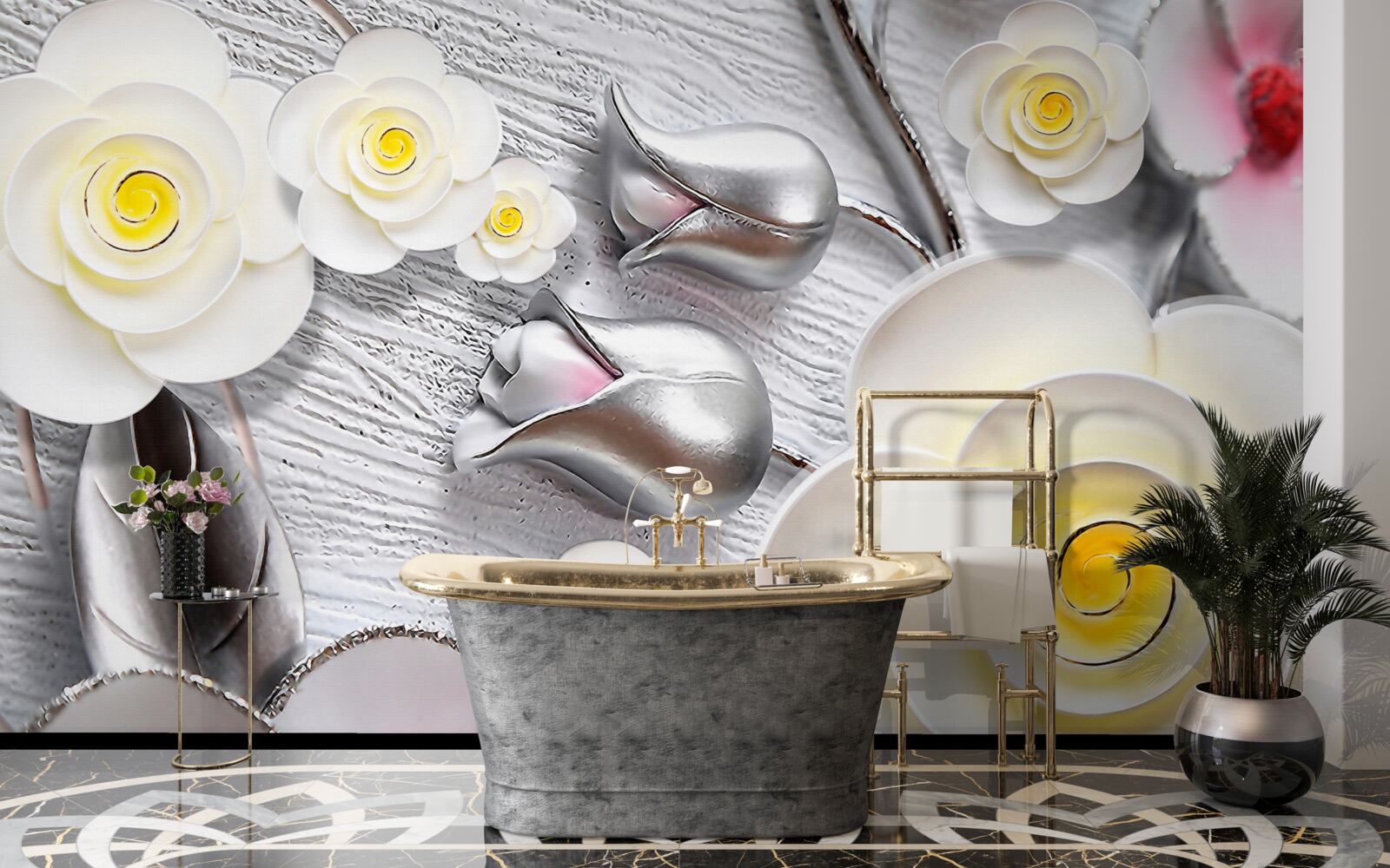 Fotobehang witte porseleinen bloemen met geel hart