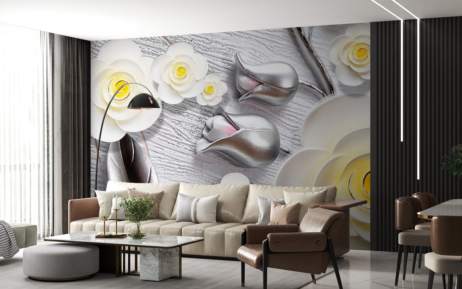 Fotobehang witte porseleinen bloemen met geel hart