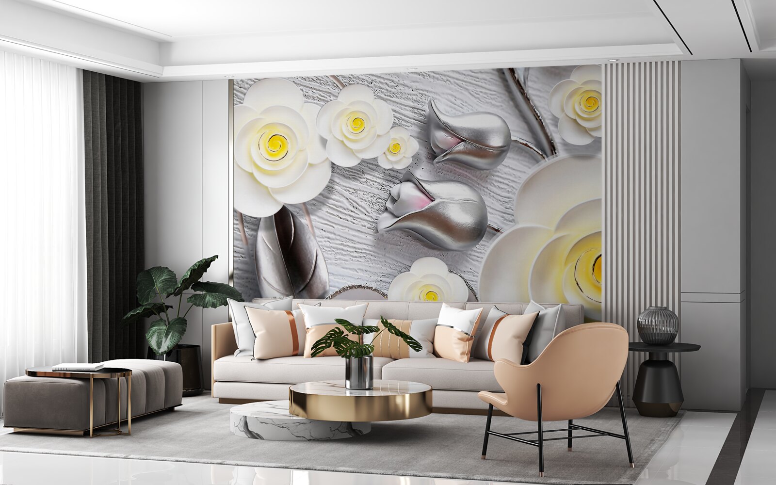 Fotobehang witte porseleinen bloemen met geel hart