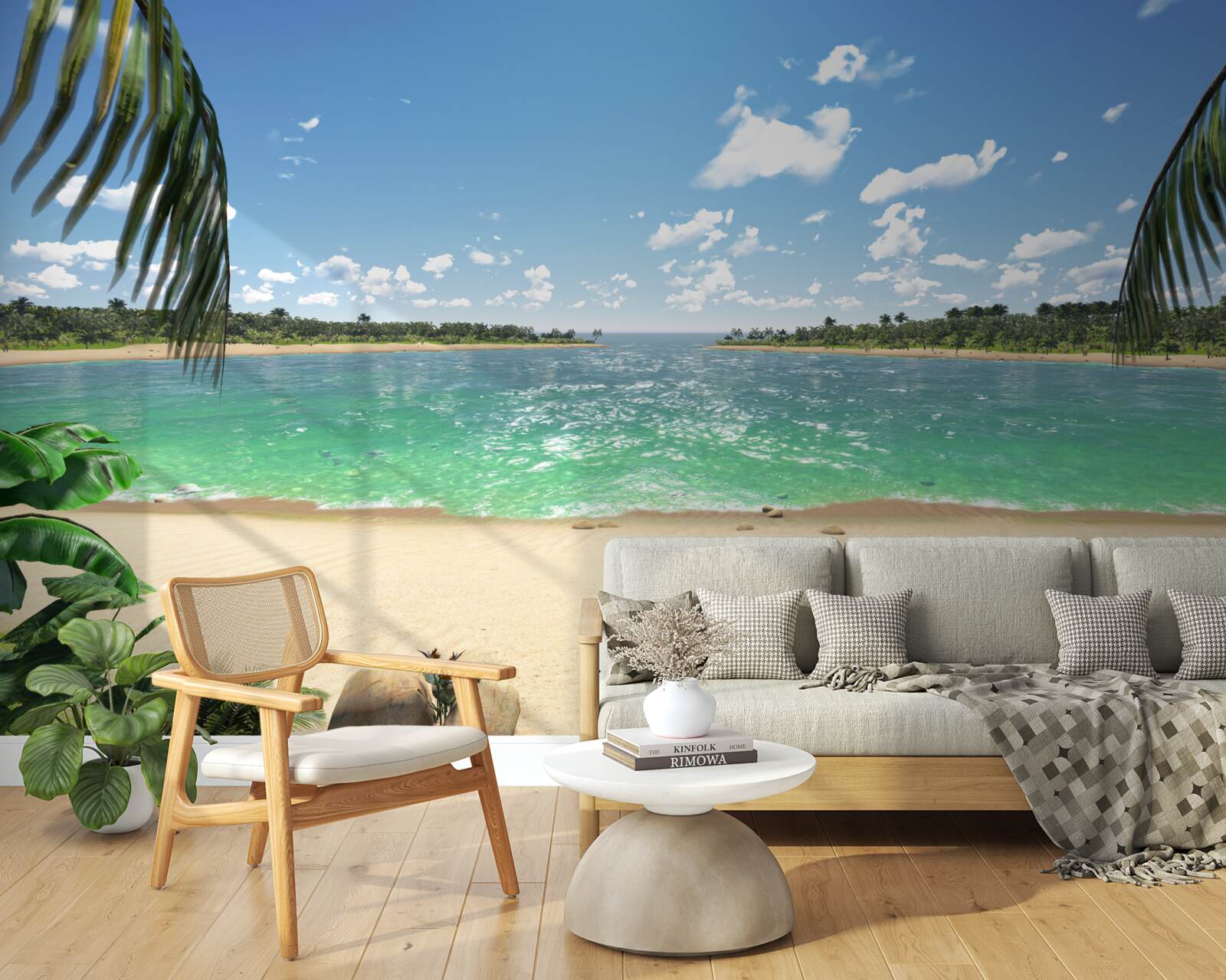 Fotobehang strand met goudkleurig zand voor de turquoise kust