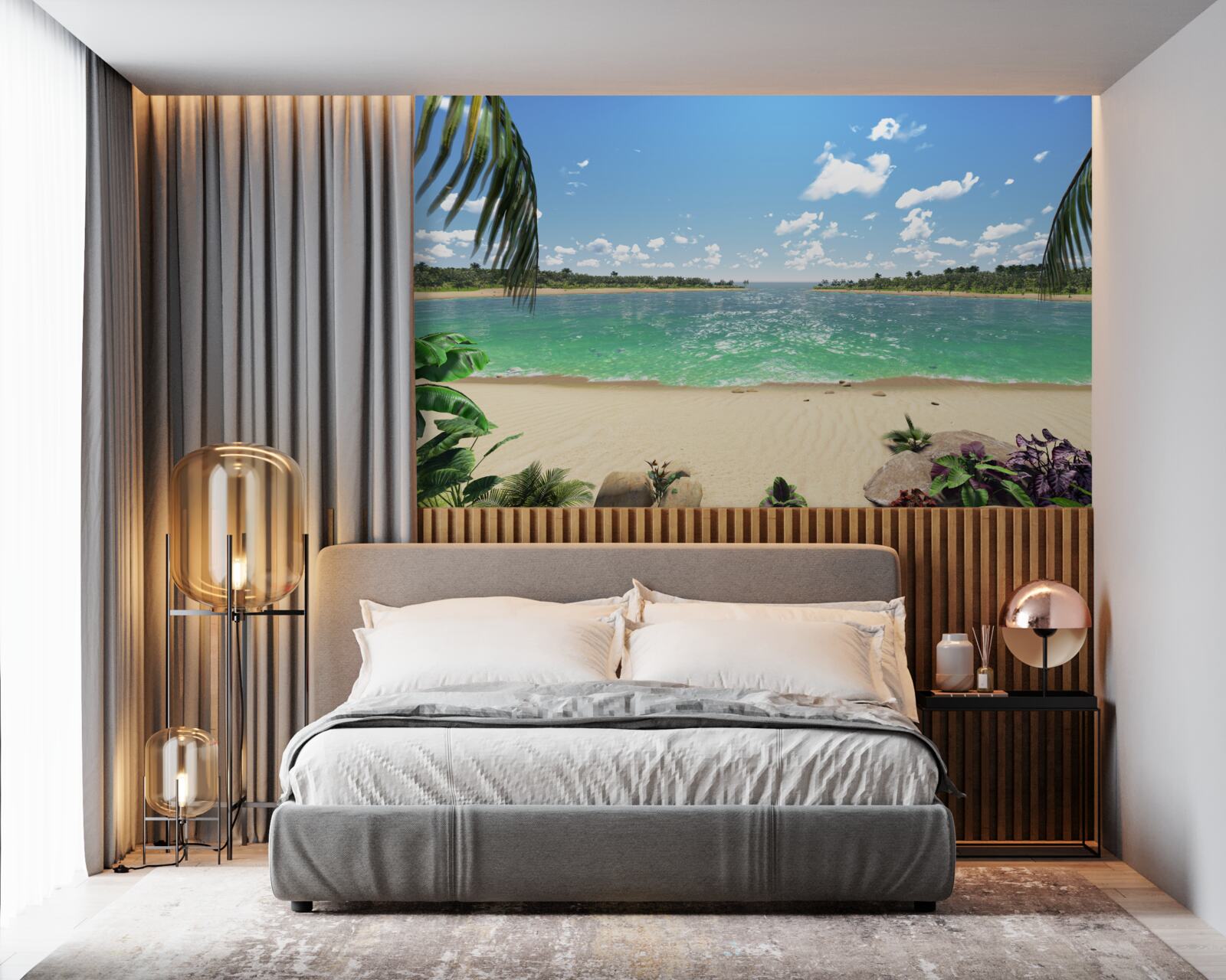 Fotobehang strand met goudkleurig zand voor de turquoise kust