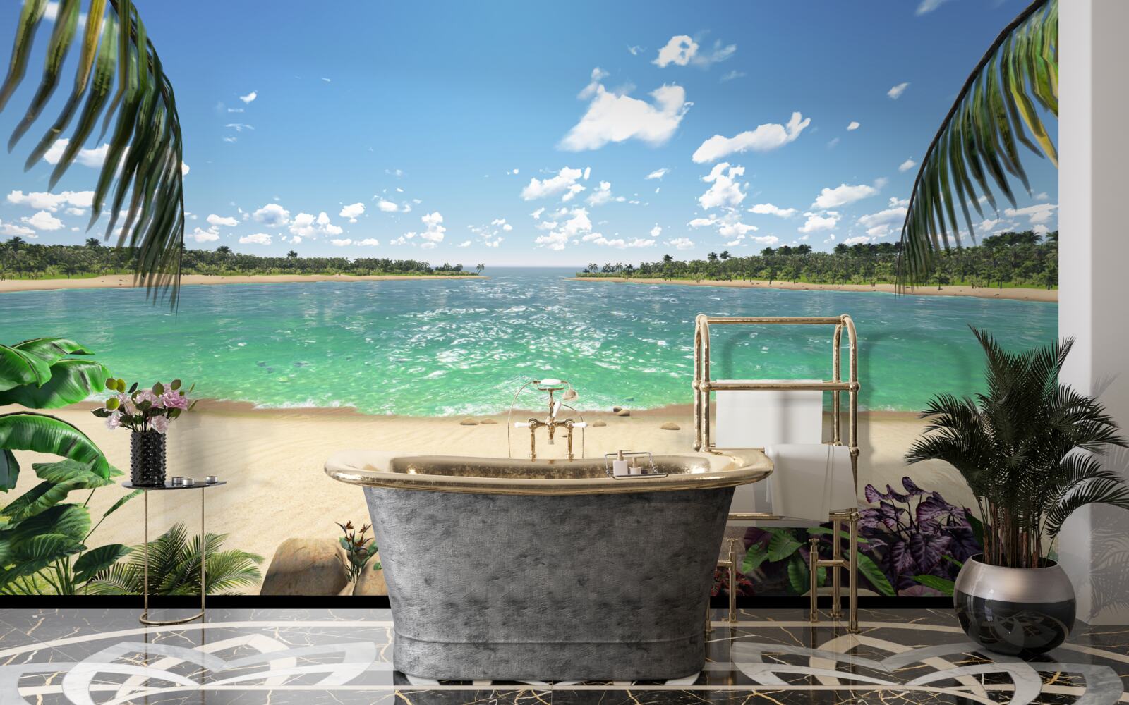 Fotobehang strand met goudkleurig zand voor de turquoise kust