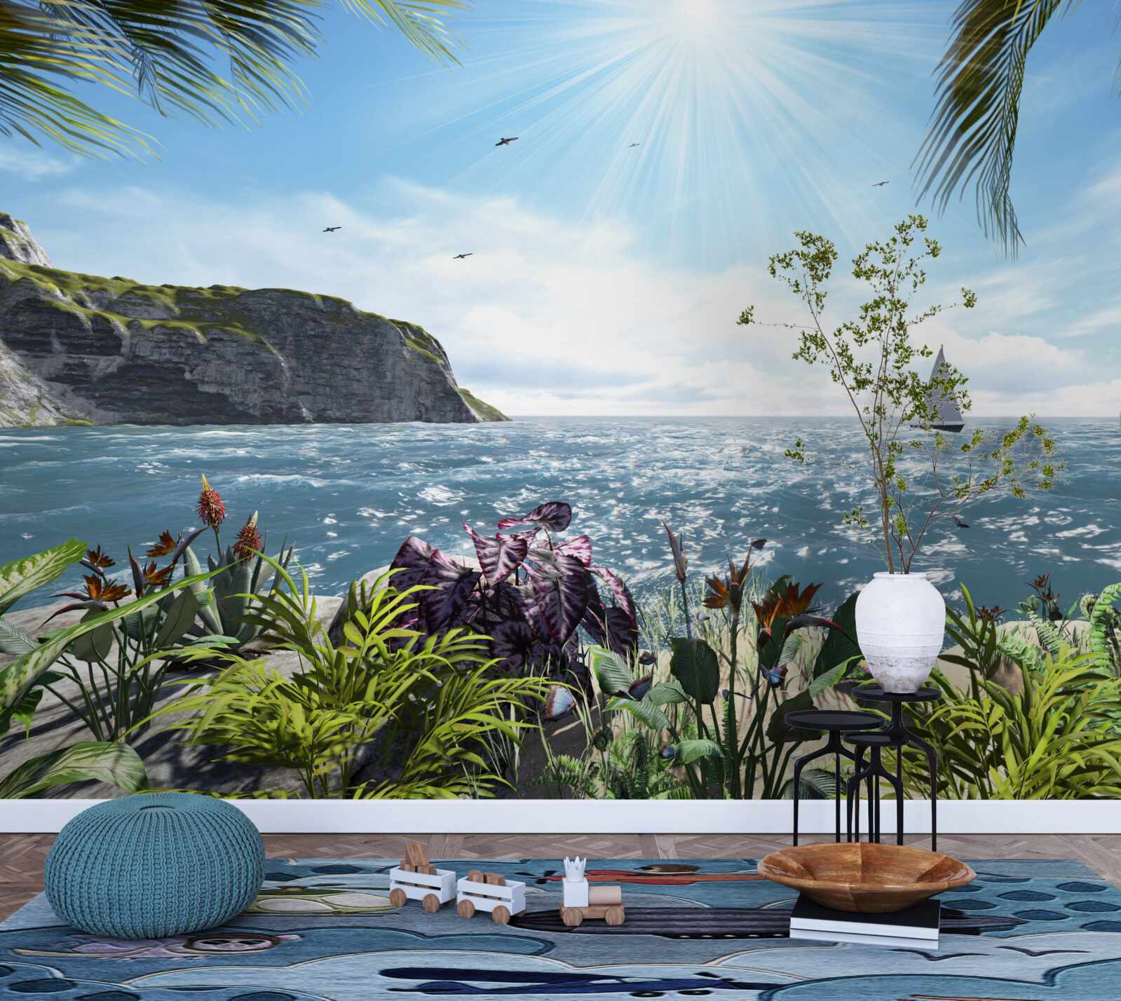 Fotobehang lichtstralen verlichten het zeeoppervlak