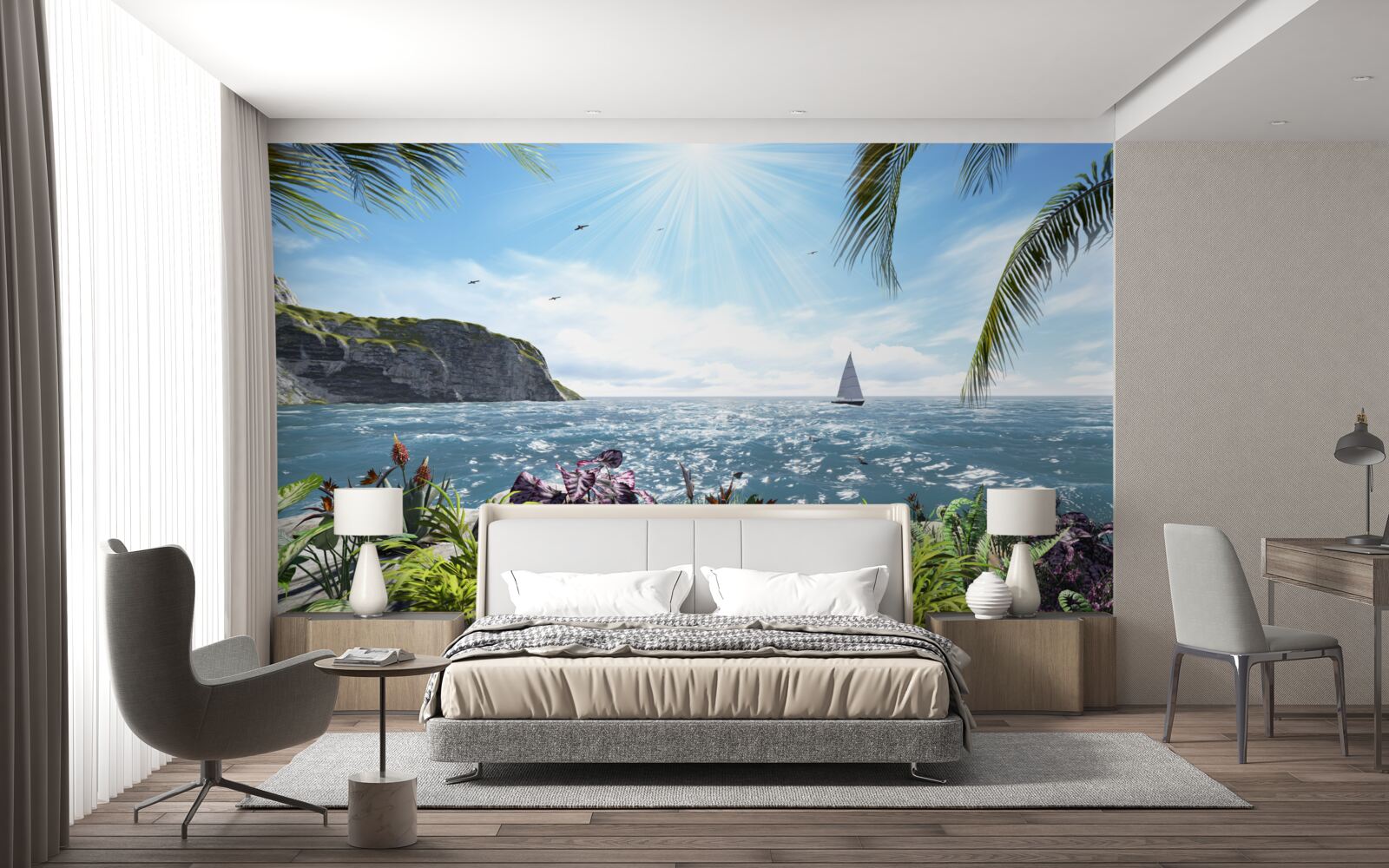 Fotobehang lichtstralen verlichten het zeeoppervlak