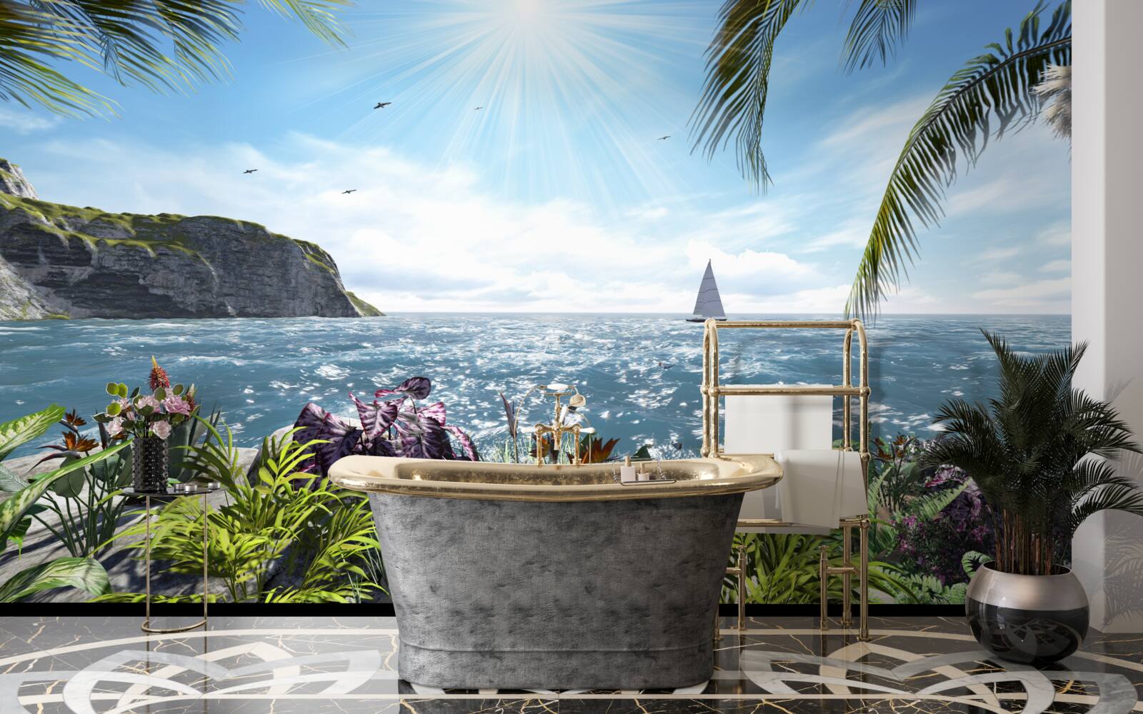 Fotobehang lichtstralen verlichten het zeeoppervlak