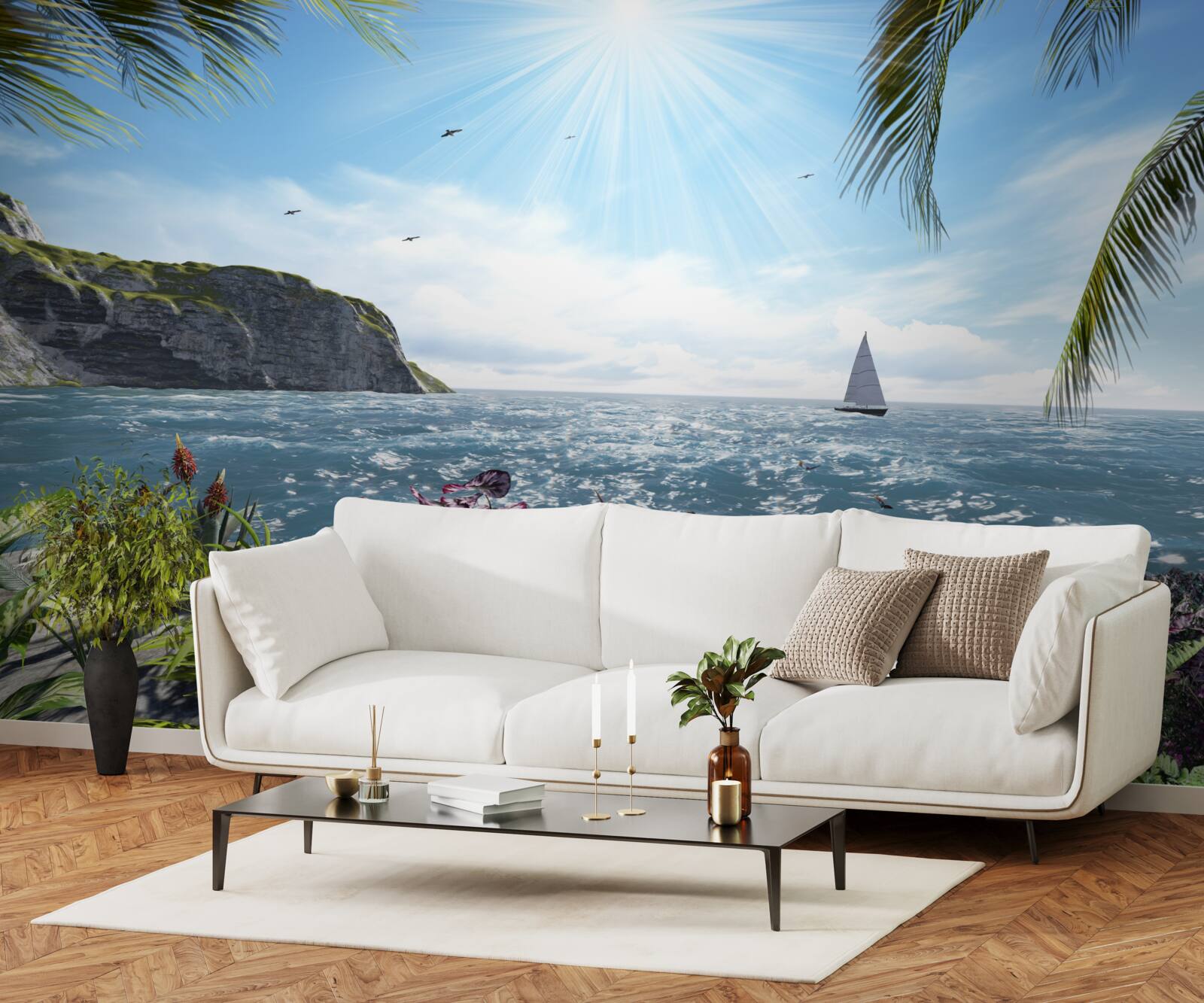 Fotobehang lichtstralen verlichten het zeeoppervlak