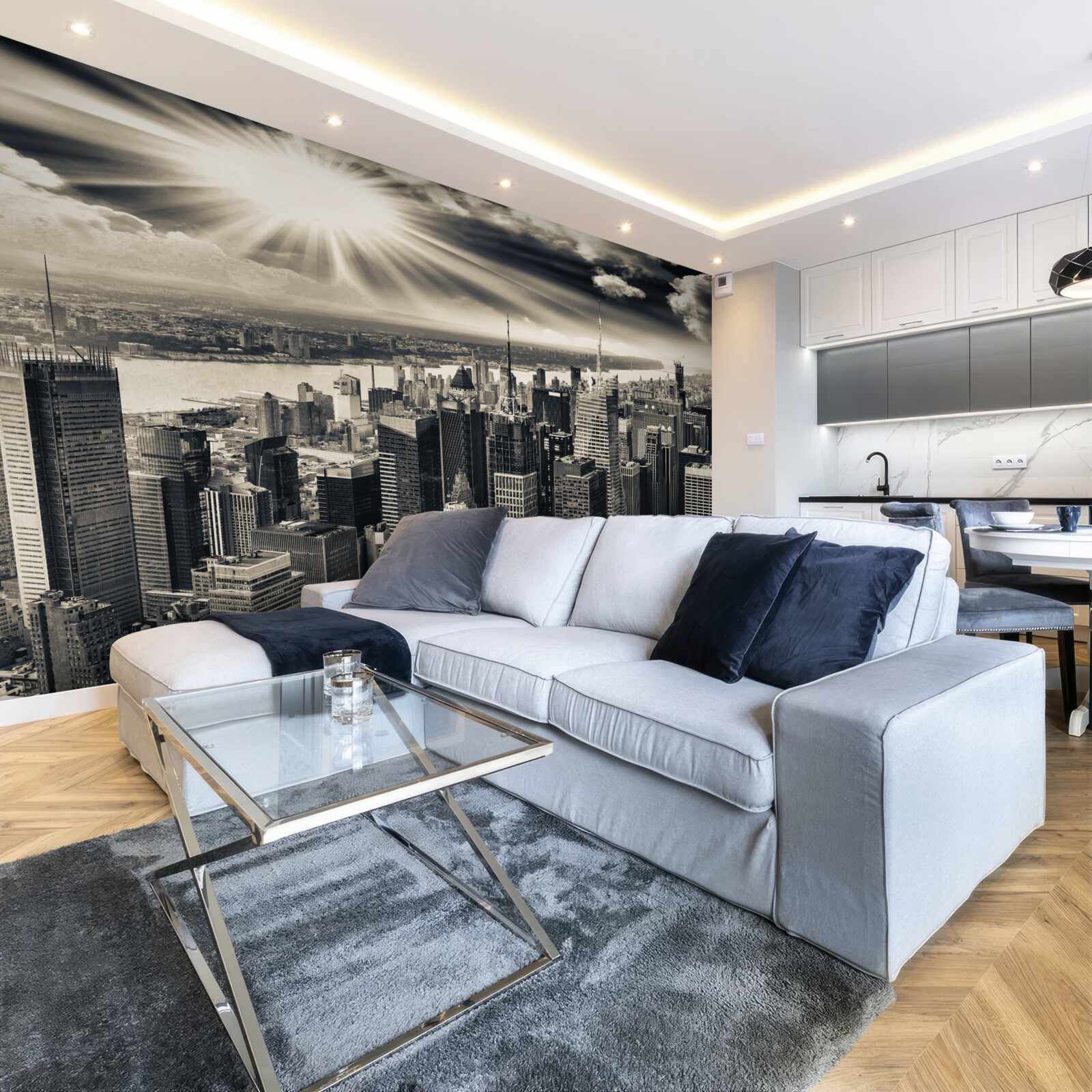 Fotobehang Gloeiende zon vult de metropool met sepiatinten