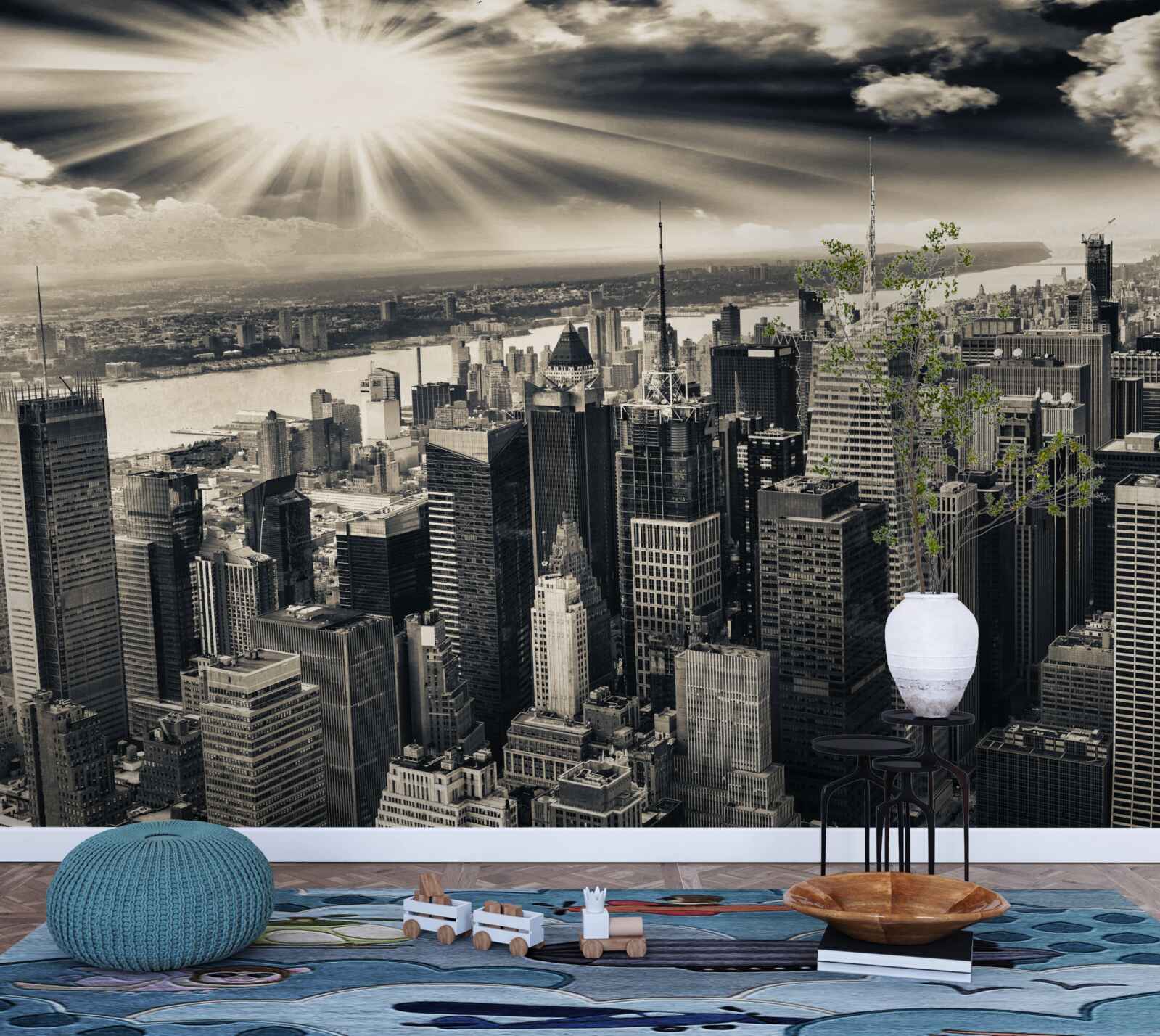 Fotobehang Gloeiende zon vult de metropool met sepiatinten