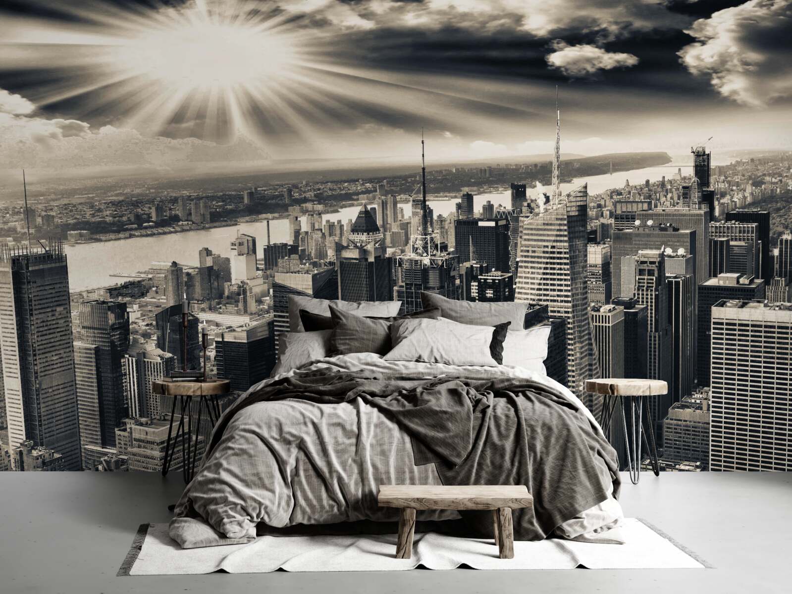 Fotobehang Gloeiende zon vult de metropool met sepiatinten