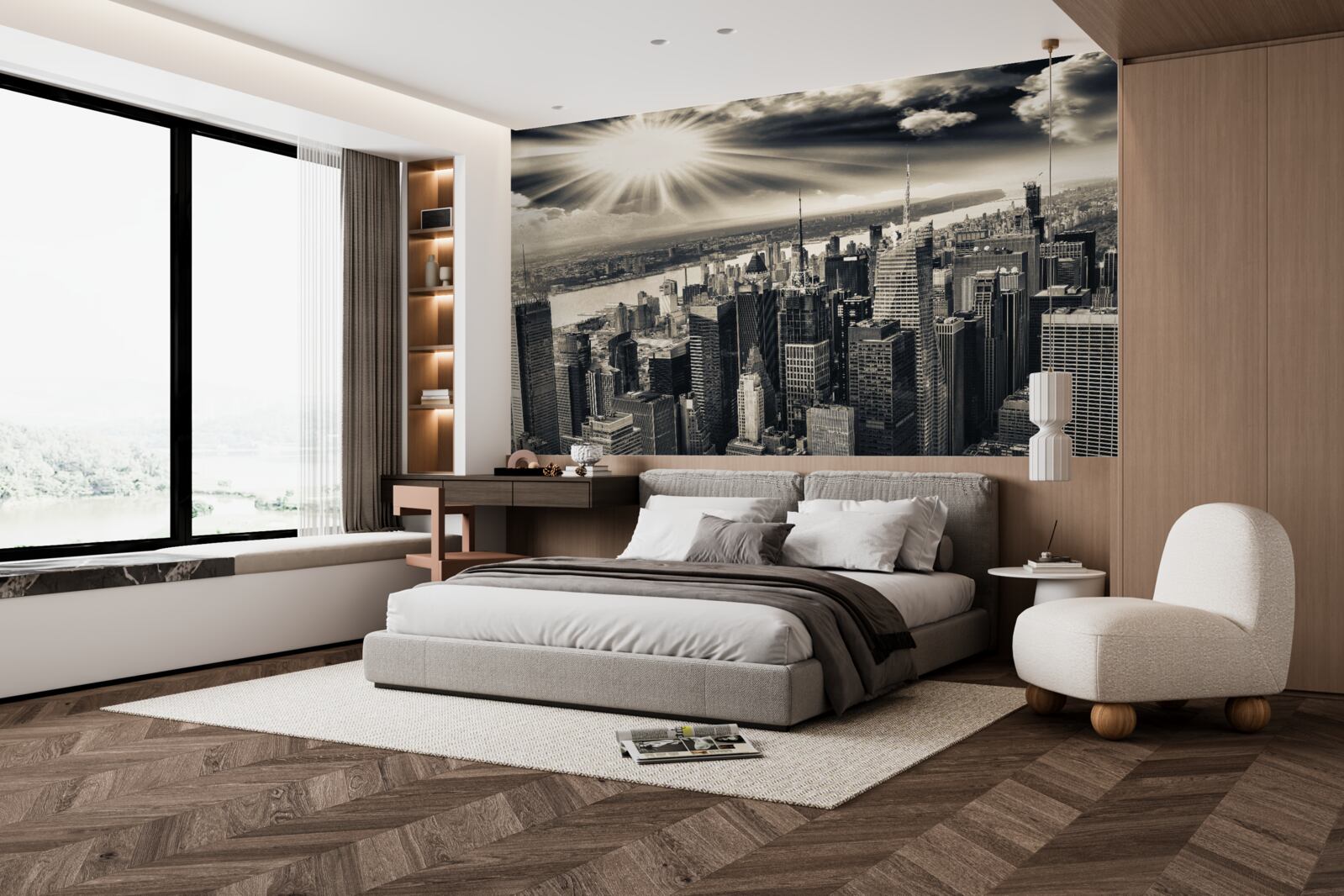 Fotobehang Gloeiende zon vult de metropool met sepiatinten