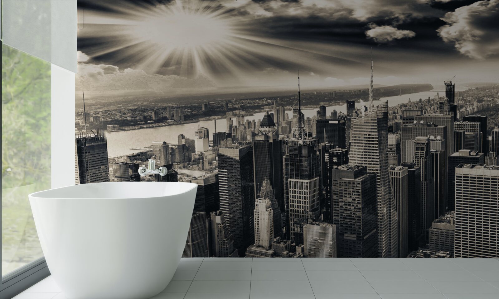 Fotobehang Gloeiende zon vult de metropool met sepiatinten