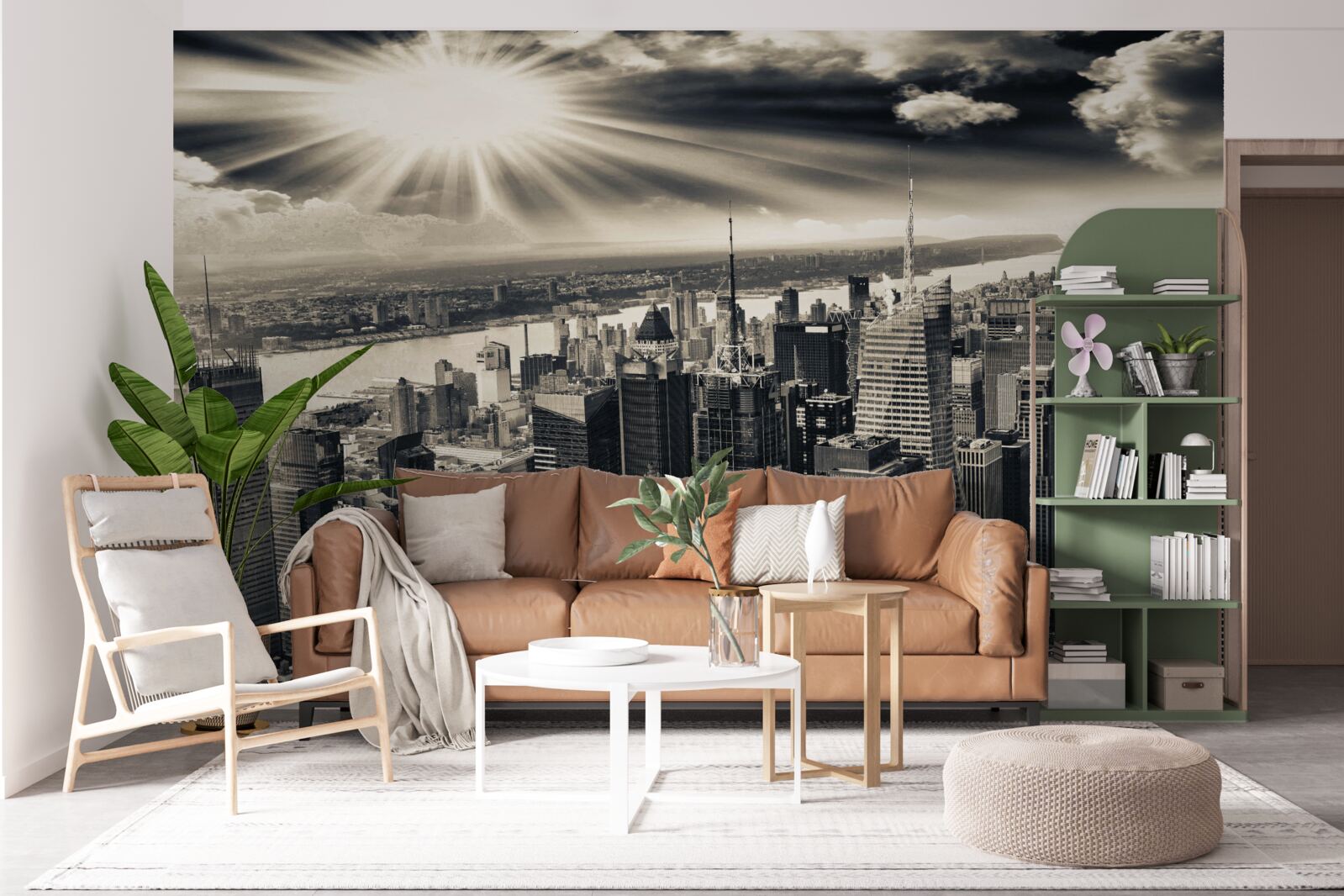 Fotobehang Gloeiende zon vult de metropool met sepiatinten