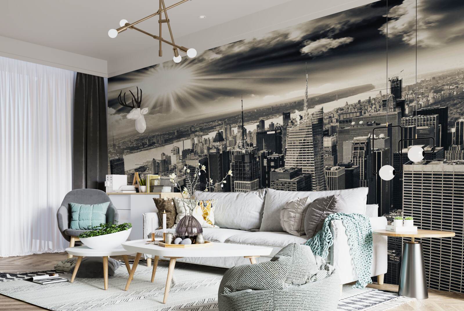 Fotobehang Gloeiende zon vult de metropool met sepiatinten