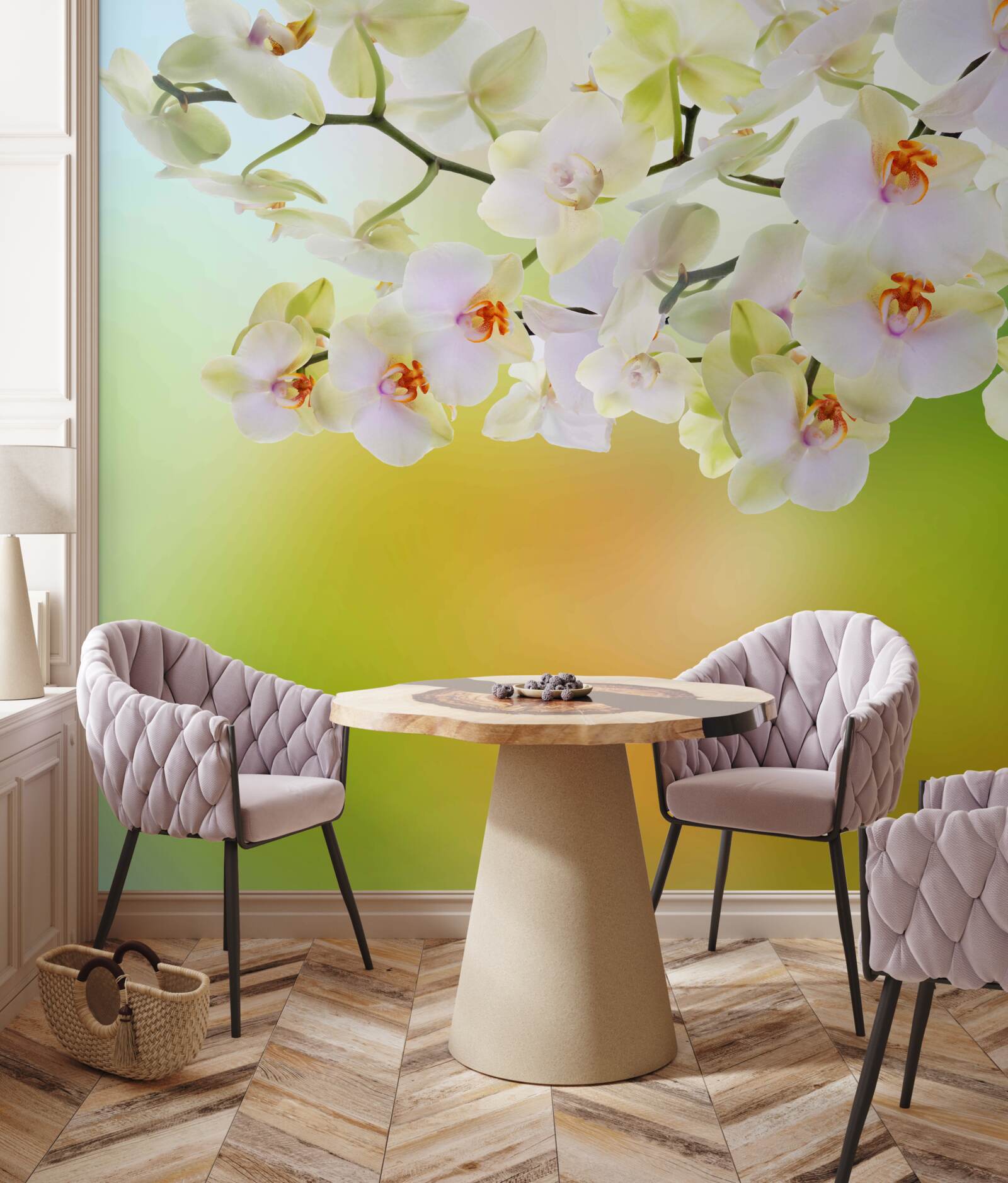 Fotobehang sneeuwwitte knoppen en orchideeën bloeien op de takken