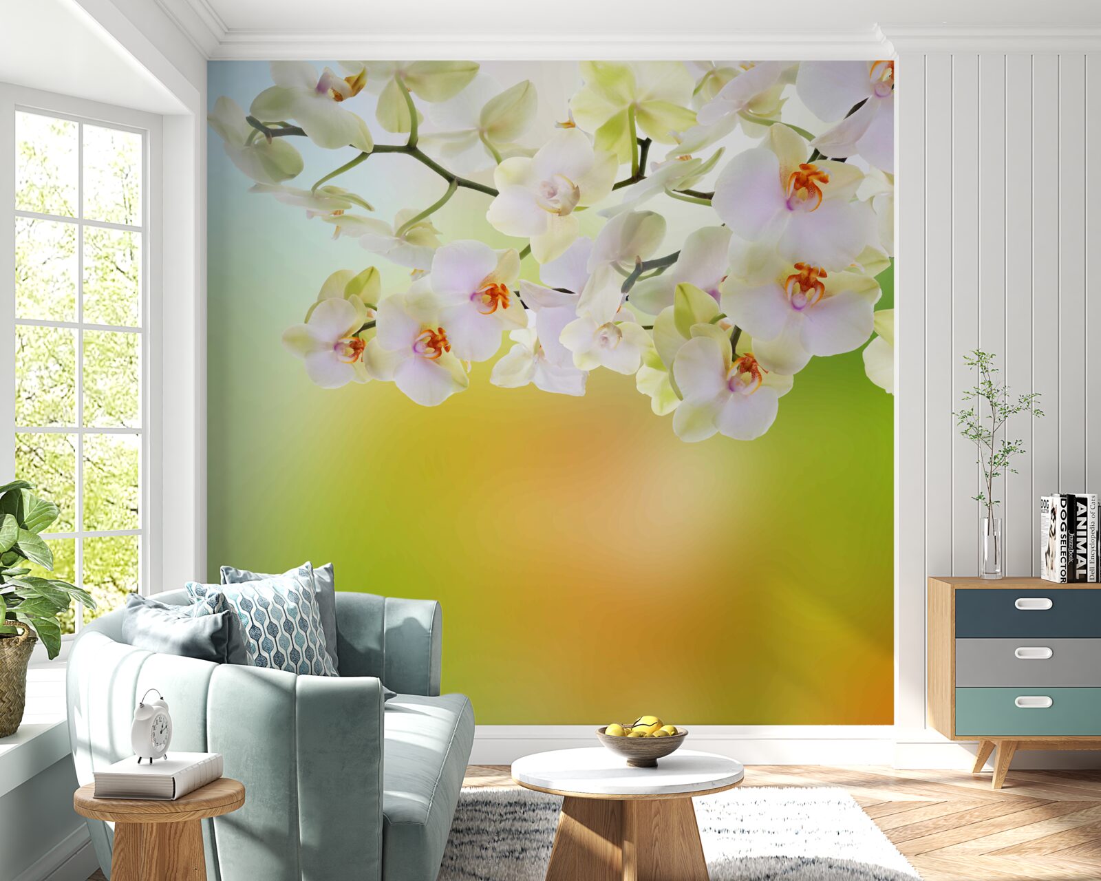 Fotobehang sneeuwwitte knoppen en orchideeën bloeien op de takken